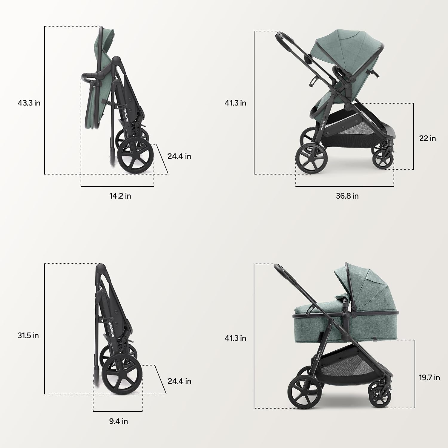 Mompush Wiz 2-in-1 Bassinet Stroller Reversible Seat, One-Hand Fold, Sage