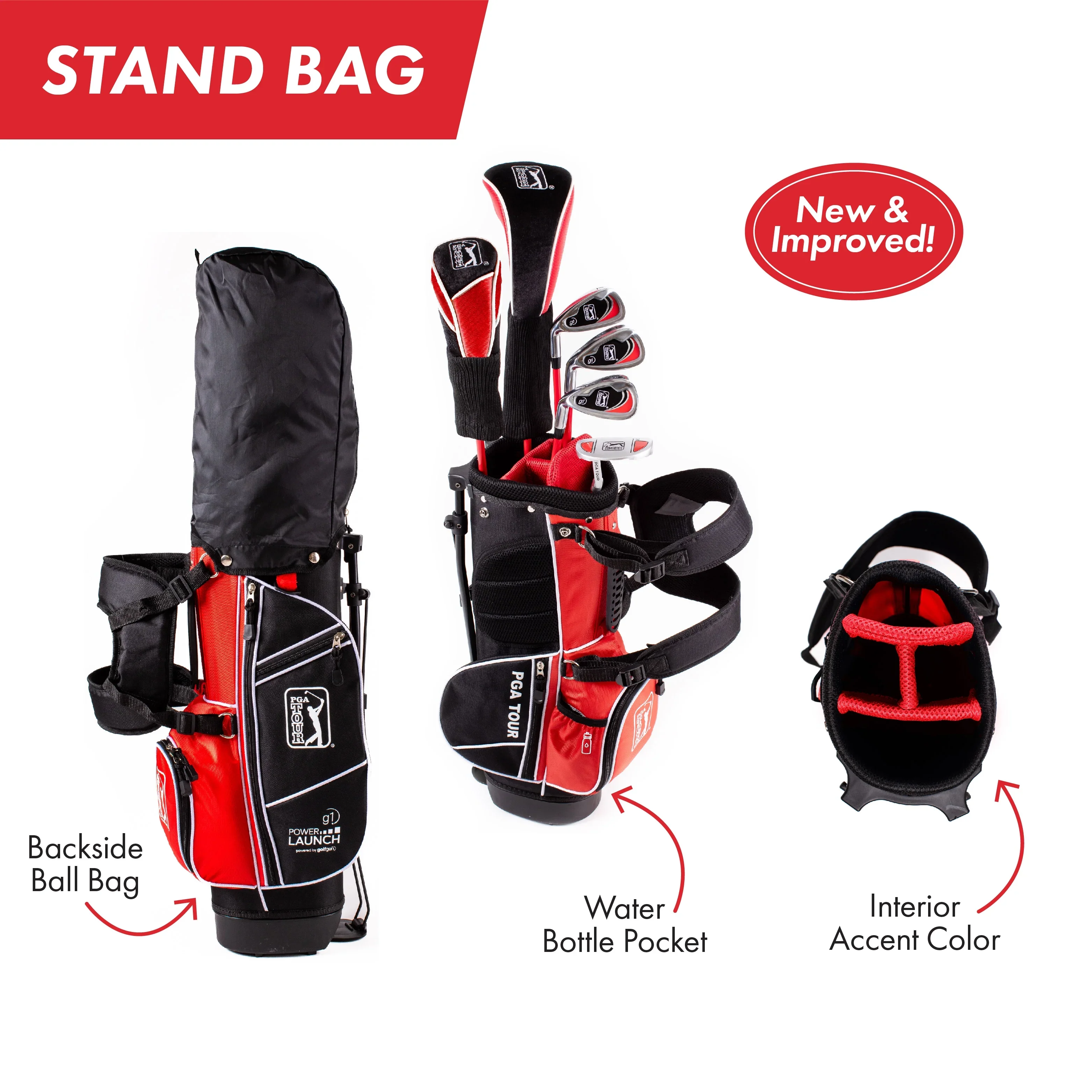 PGA Tour Right-Handed 10 Piece Kids Golf Club Stand Bag Set; Player Height 4'8 - 5'2, Ages 8-12