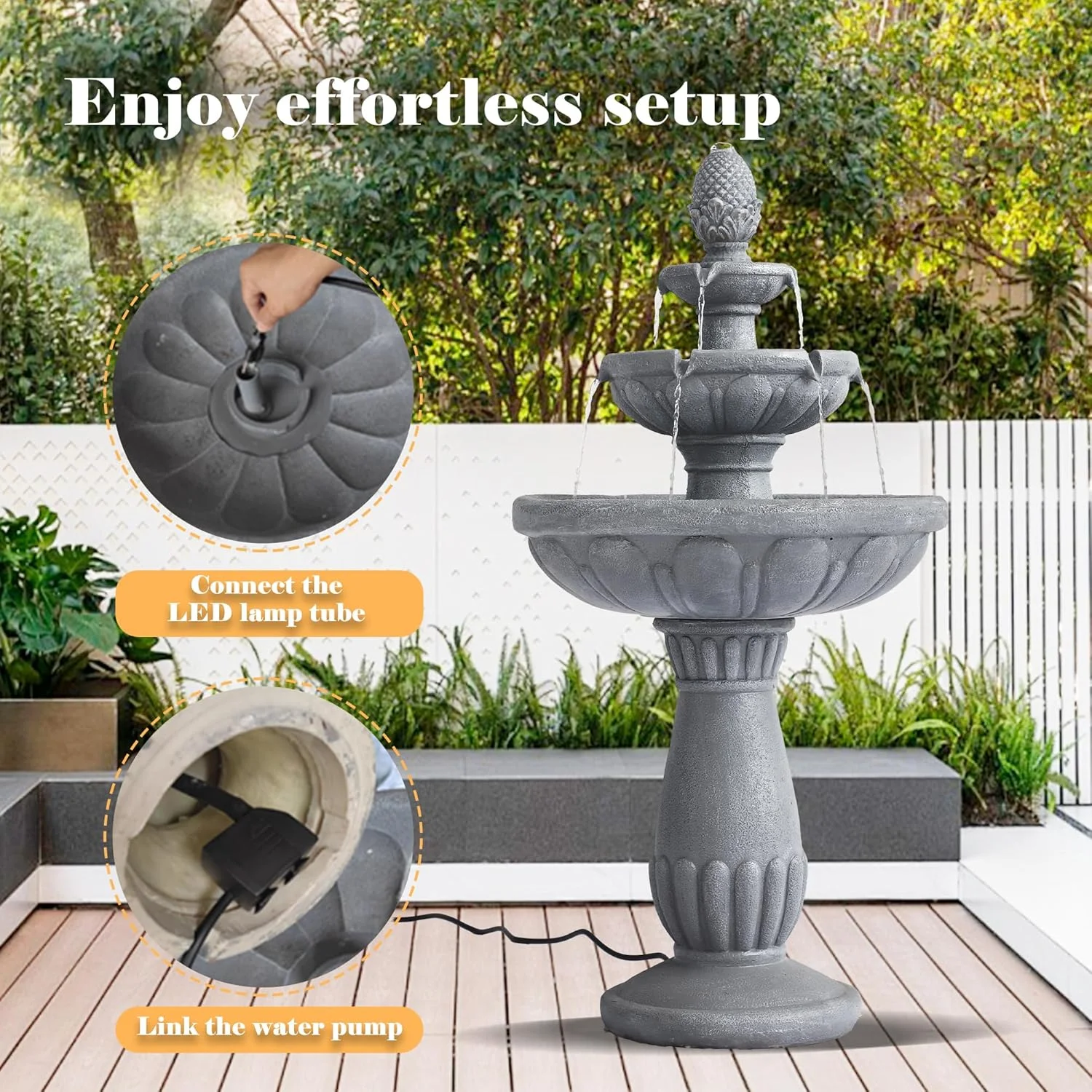 40.6" High Large Italian Outdoor Water Fountain, 3-Tier Standing Bubbler Waterfalls Fountain with Pineapple Top and Roman Pillar, Resin Garden Water Fountains for Bird Bath Patio Yard Deck - Image 5