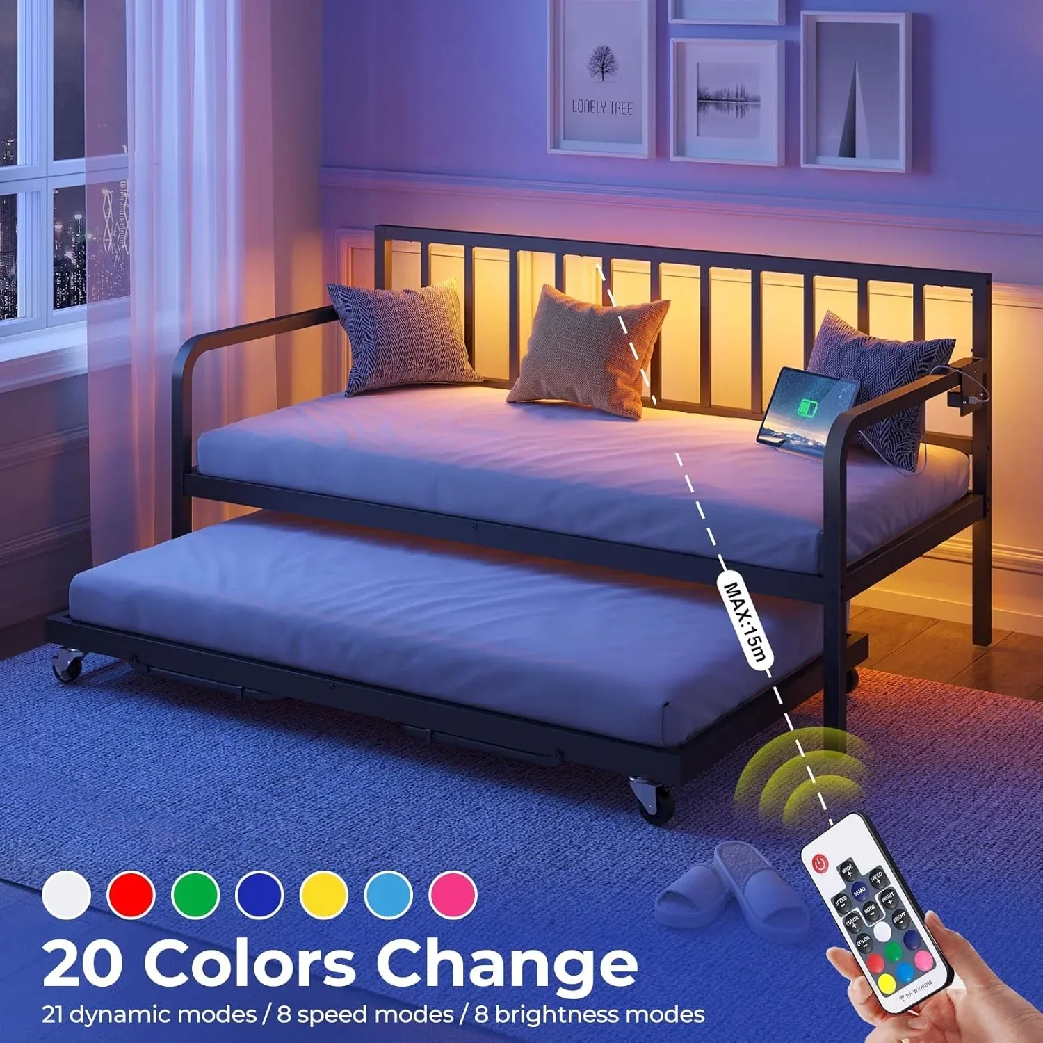 Lit de jour Rolanstar avec station de recharge et éclairage LED, lit de jour double réglable en hauteur