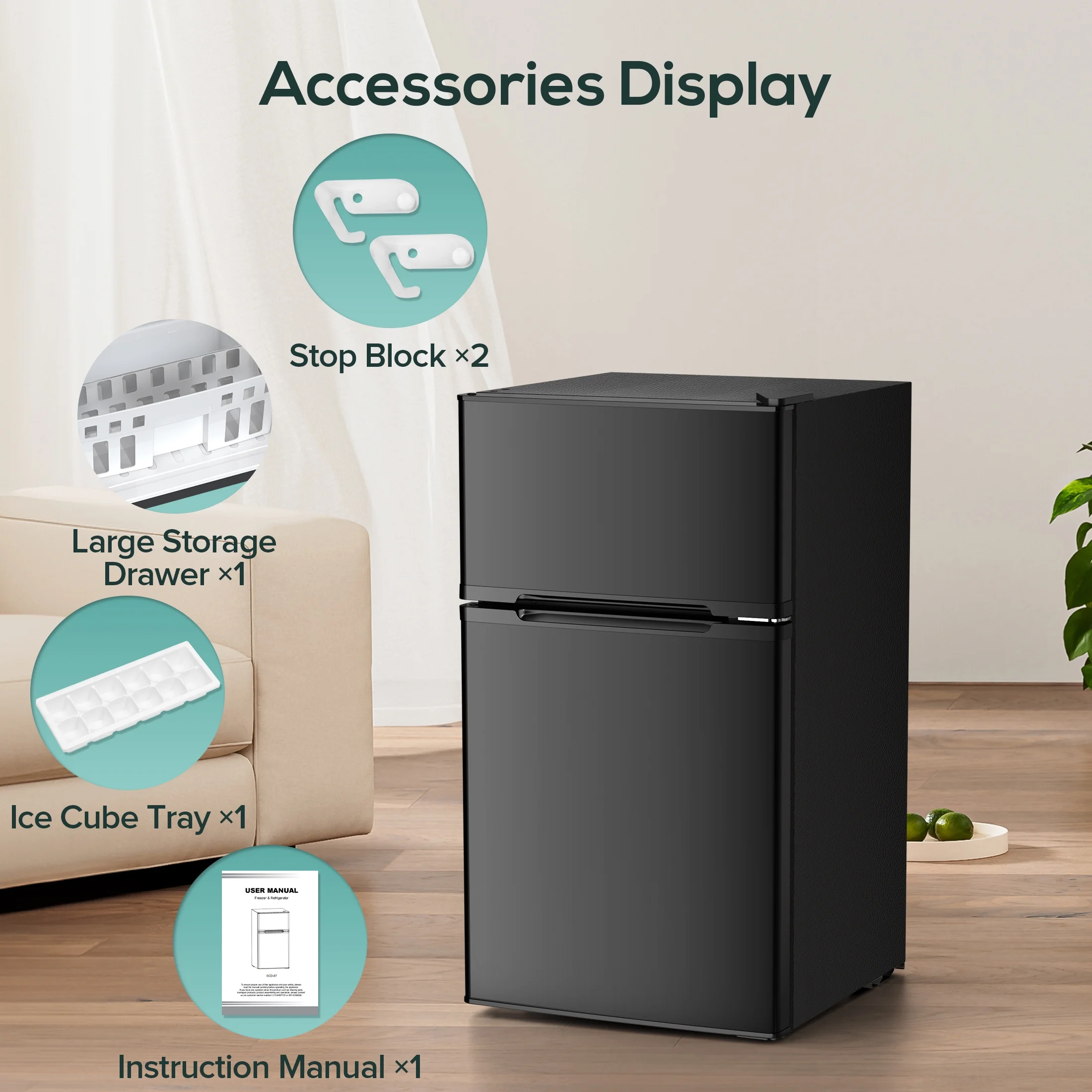 3.2 Cu.Ft Two-Door Compact Refrigerator, Stainless Steel Door, Black(Black) - Image 2