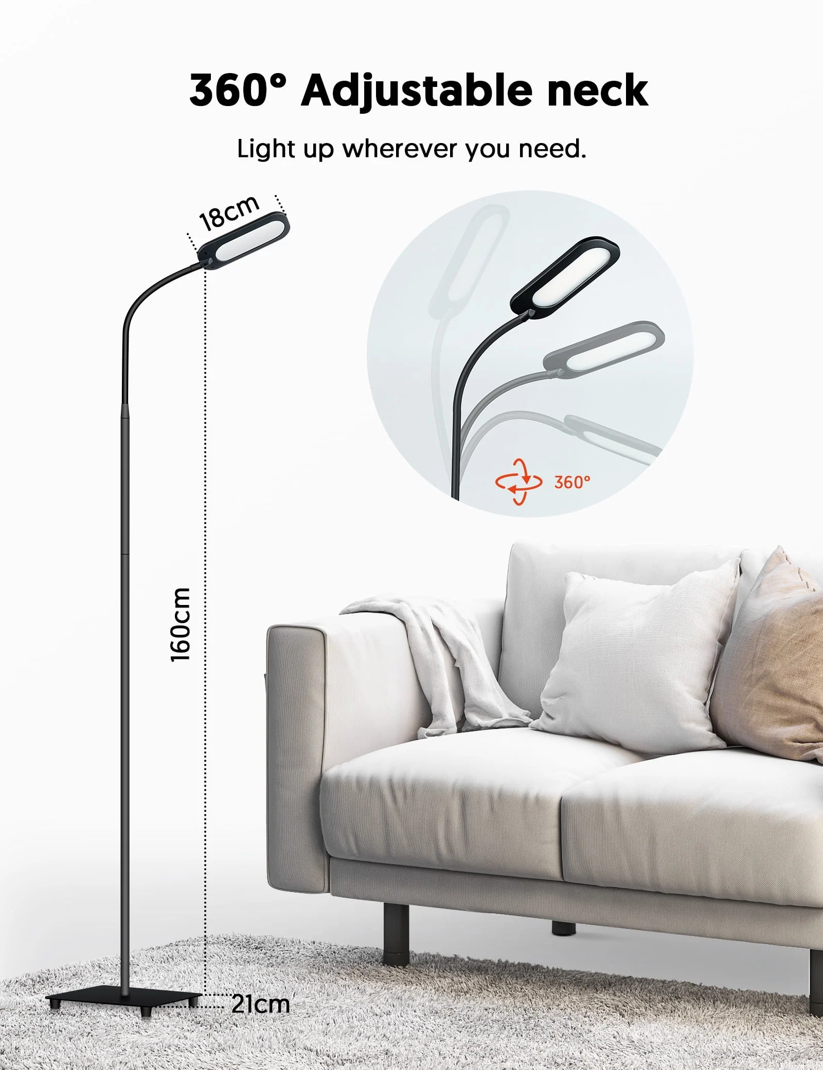 TECKIN Floor Lamp, Dimmable Black Lamp with 5 Color 4 Brightness and Adjustable Gooseneck Image 5