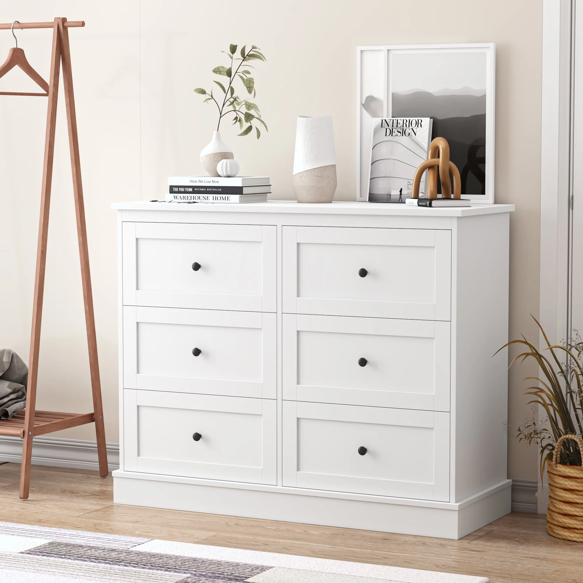 6 Drawer Double Dresser White, Wood Storage Cabinet for Living Room, Chest of Drawers for Bedroom Image 3