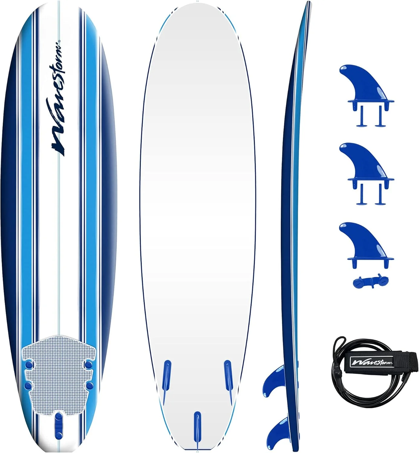 Wavestorm - Planche de surf classique en mousse souple de 2,13 m (7 pieds) pour débutants et tous niveaux. Ensemble complet comprenant un leash et plusieurs ailerons. Laminée à chaud, liseré bleu (AZ22-WSSF700-PIN)