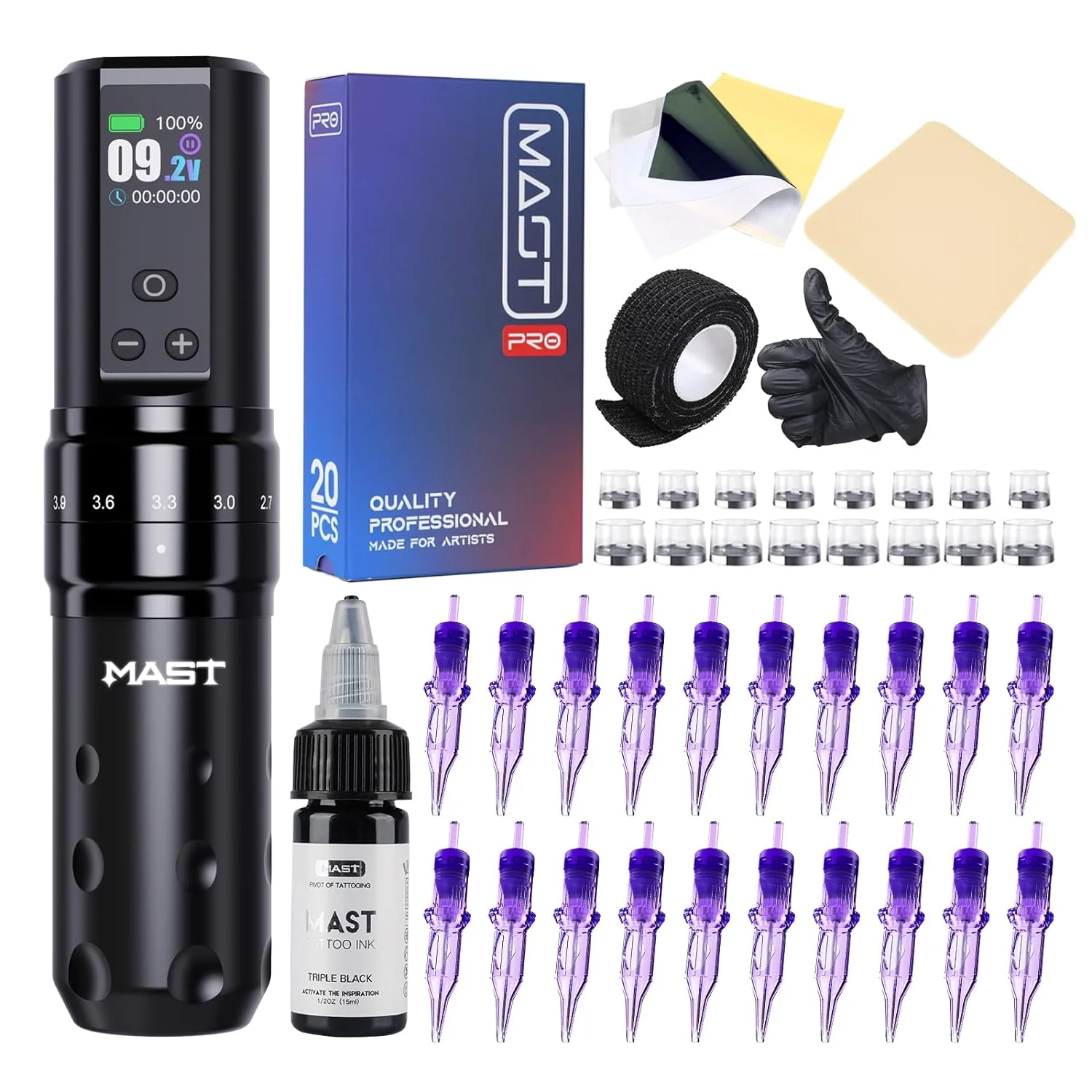 Fold2 Pro Wireless Rotary Pen Machine, Motor by Mcore, 7 Strokes Length, Tattoo Needles Cartridges, Black Ink for Tattoo Aritsts