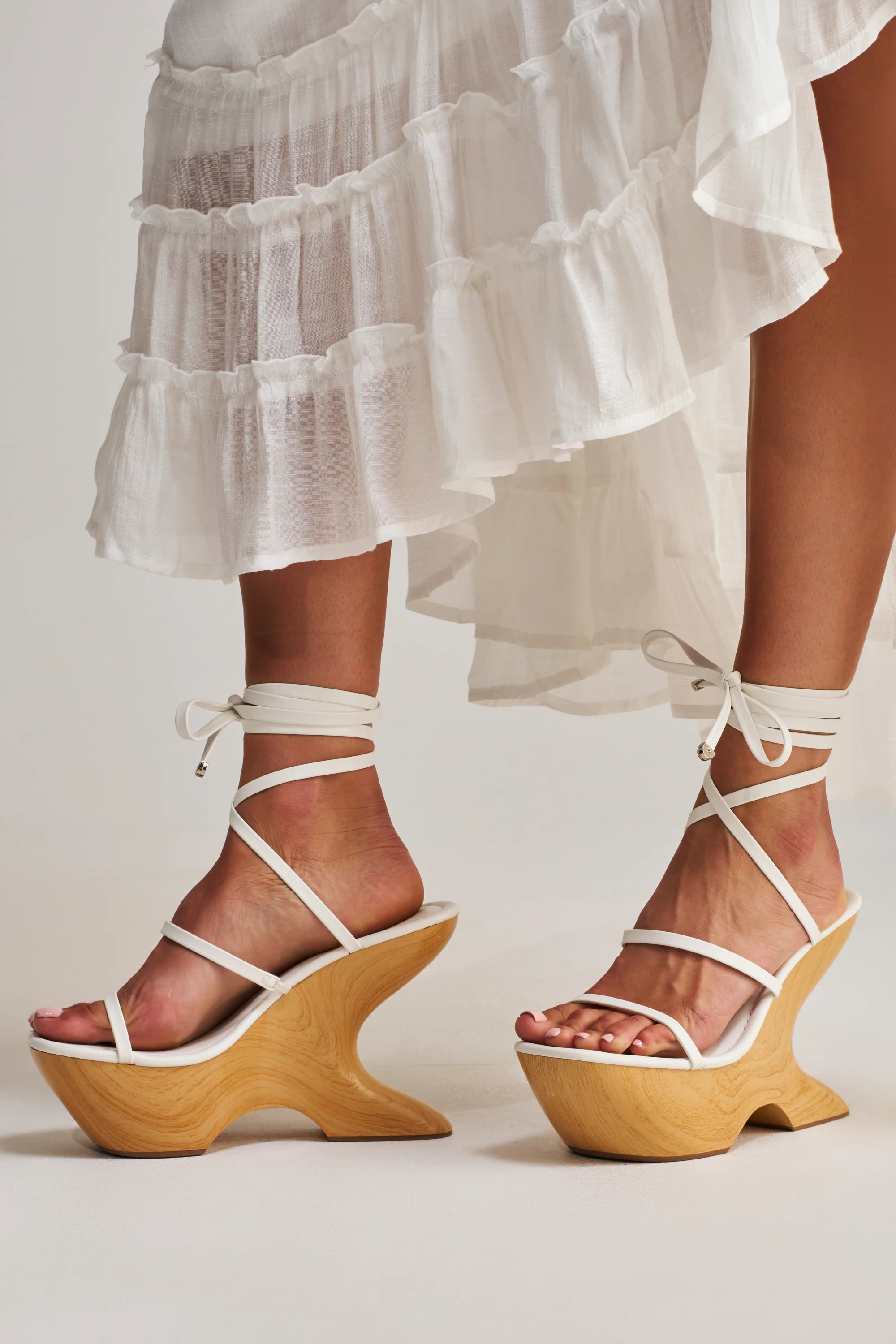 AZALEA WANG ONNI WHITE STRAPPY UPPER WOOD WEDGE - Akira Store