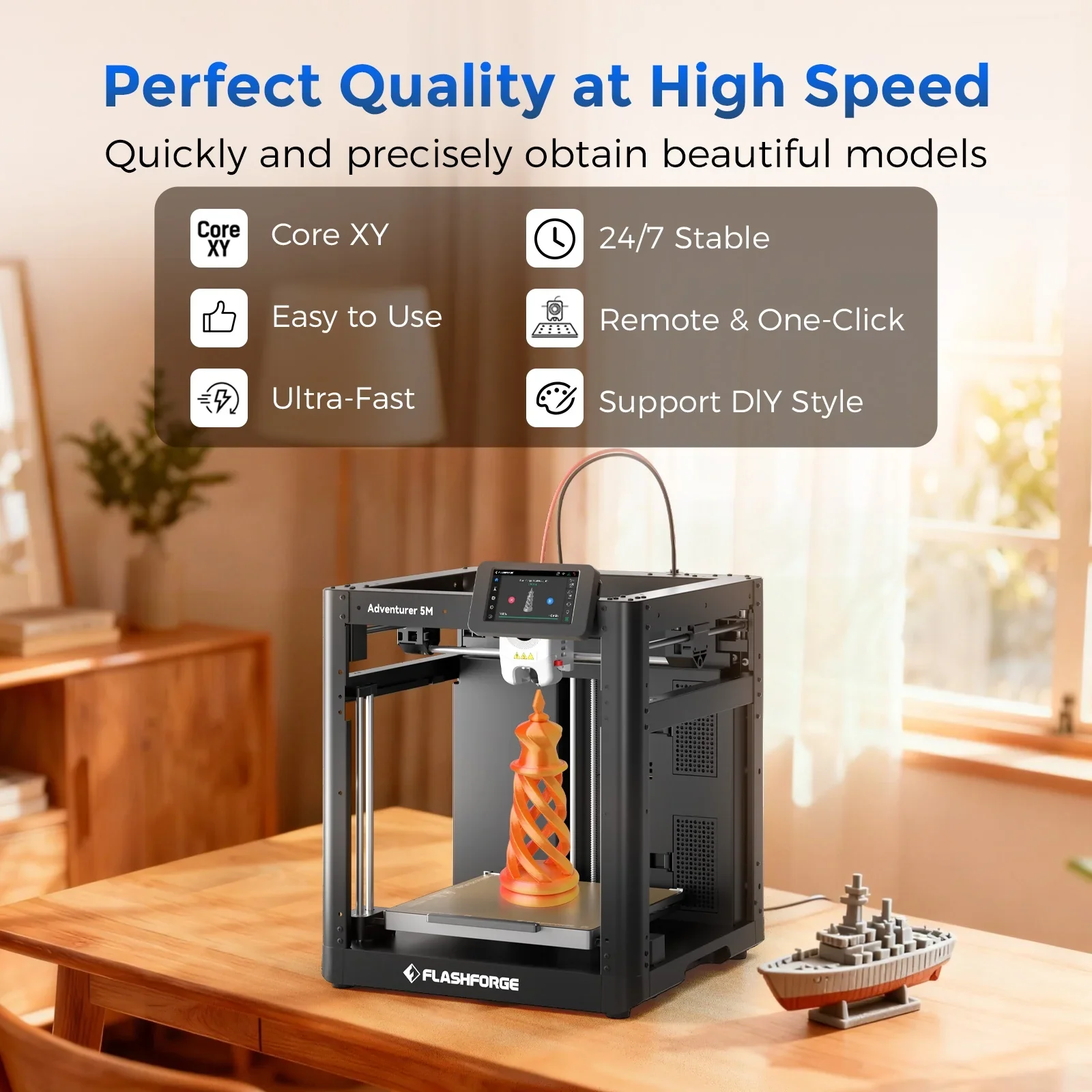Flashforge Adventurer 5M 3D Printer, Fully Auto Leveling & 600mm/s High Speed Printing, Black