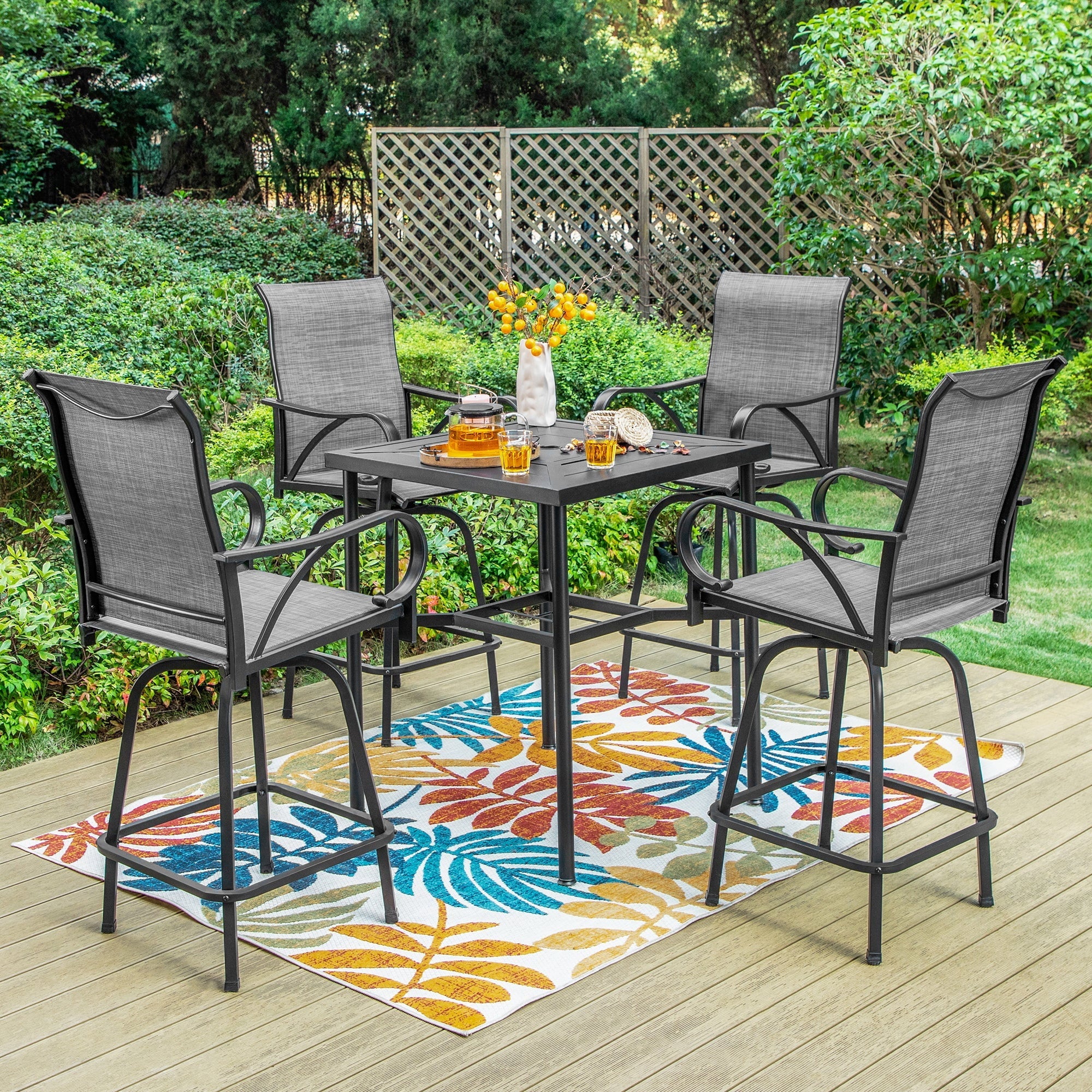 Summit Living 5 - Piece Outdoor Patio Swivel Bar Stool Dining Set with 4 High - Back Textilene Chairs with Armrest&1 Bistro Bar Table, Black&Grey