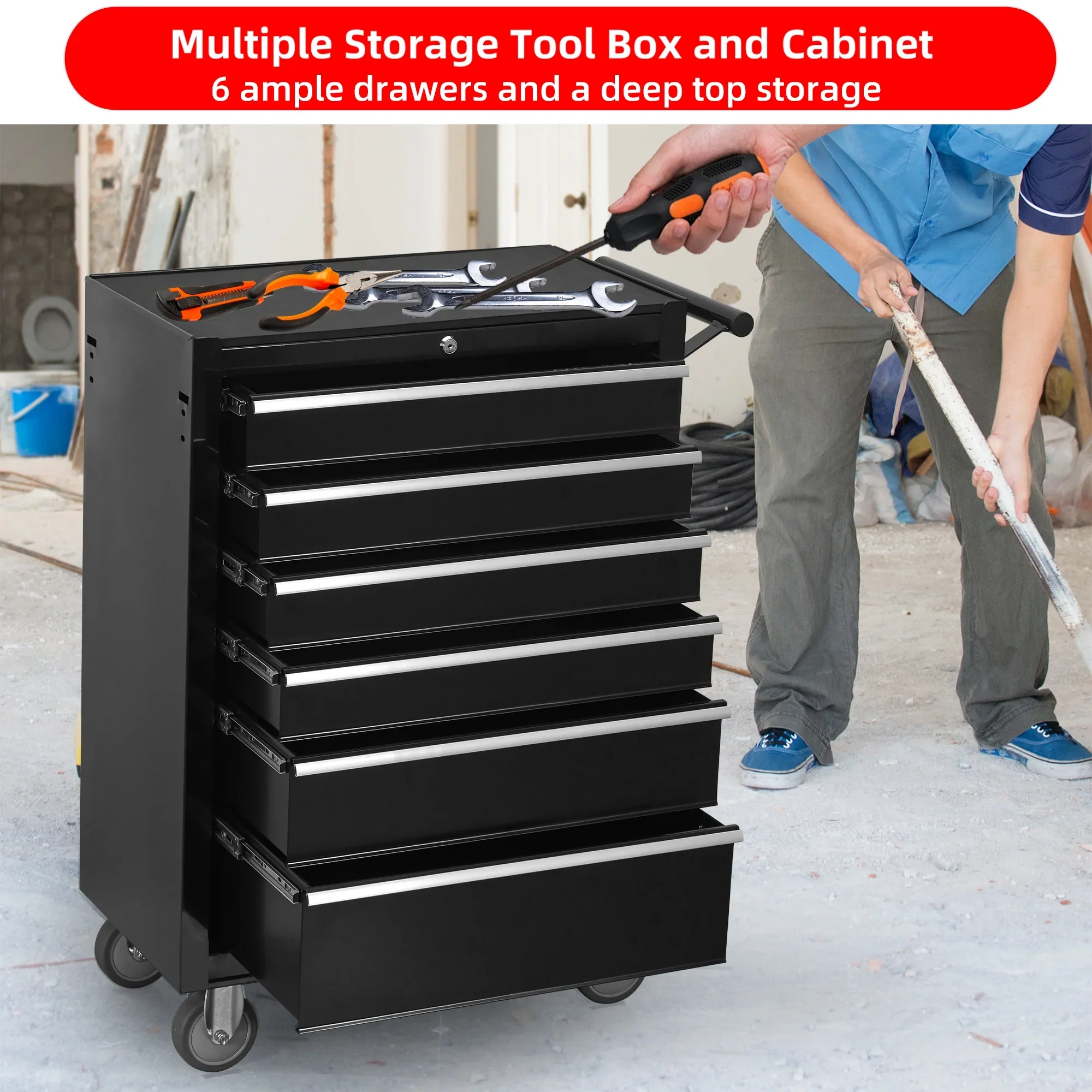 Toperic 6-Drawer Rolling Tool Chest Cabinet with Wheels and Locking Black