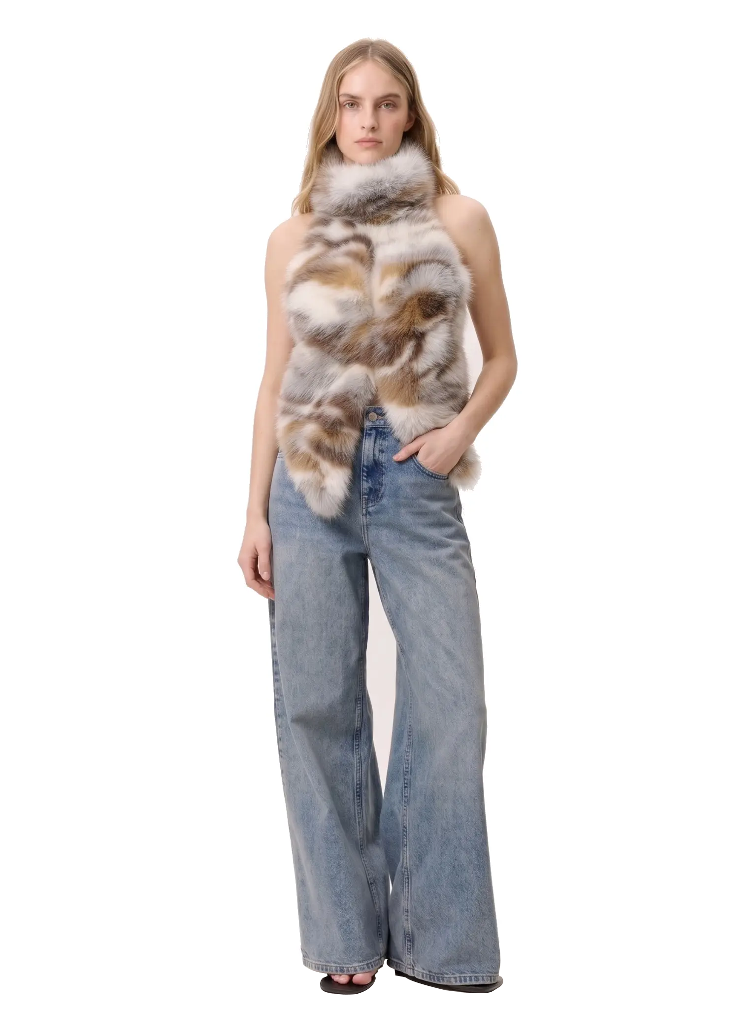 Front view of a woman wearing a multicolor spotted faux fur halter vest