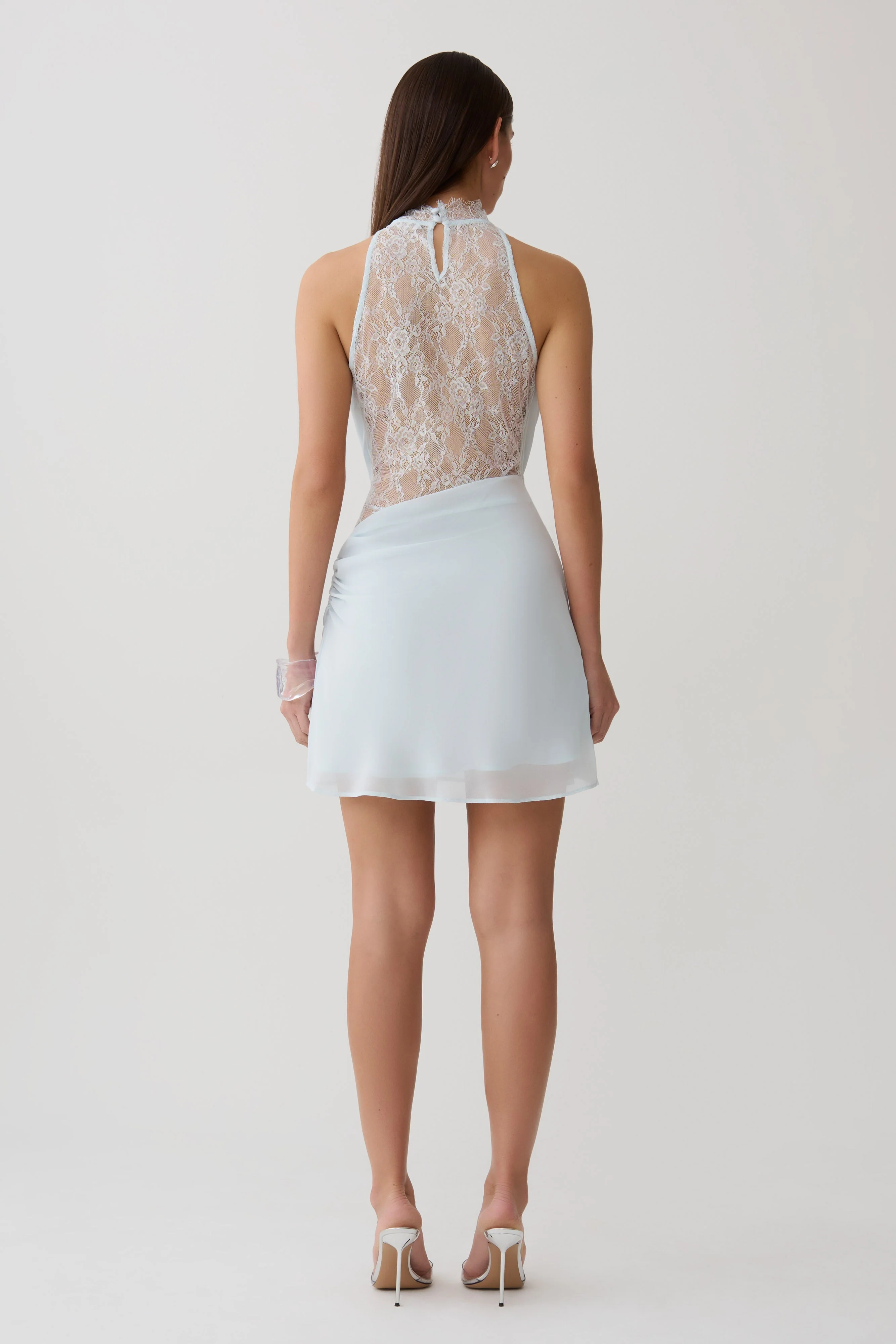 Arra Chiffon And Lace Halter Mini Dress - Ice Blue