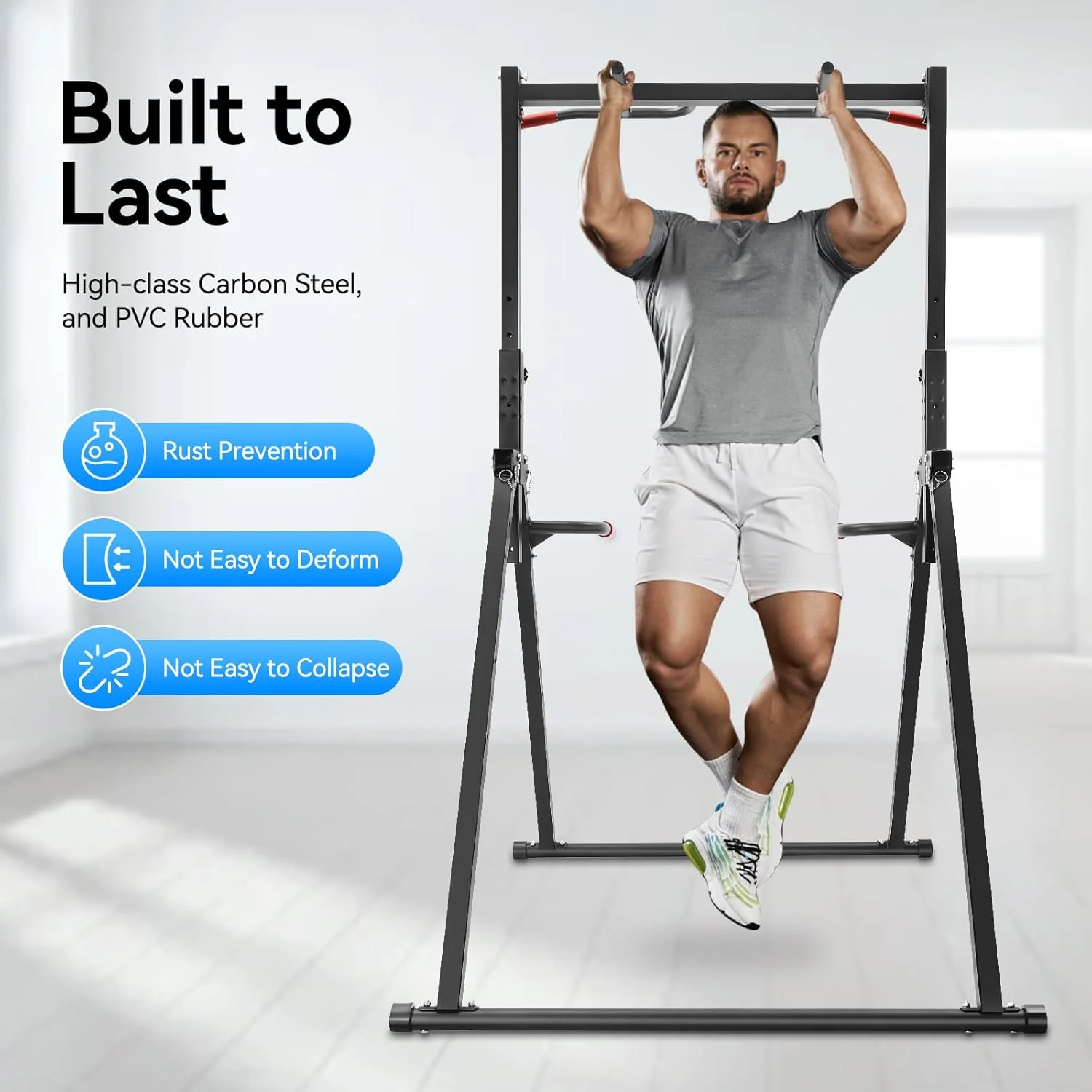 Power Tower Pull up Bar Station Foldable Pull up Rack Dip Station 5.74 - 7.55ft Height Adjustable Home Strength Training Fitness Workout Equipment, up to 440 lb (with Double Bars)