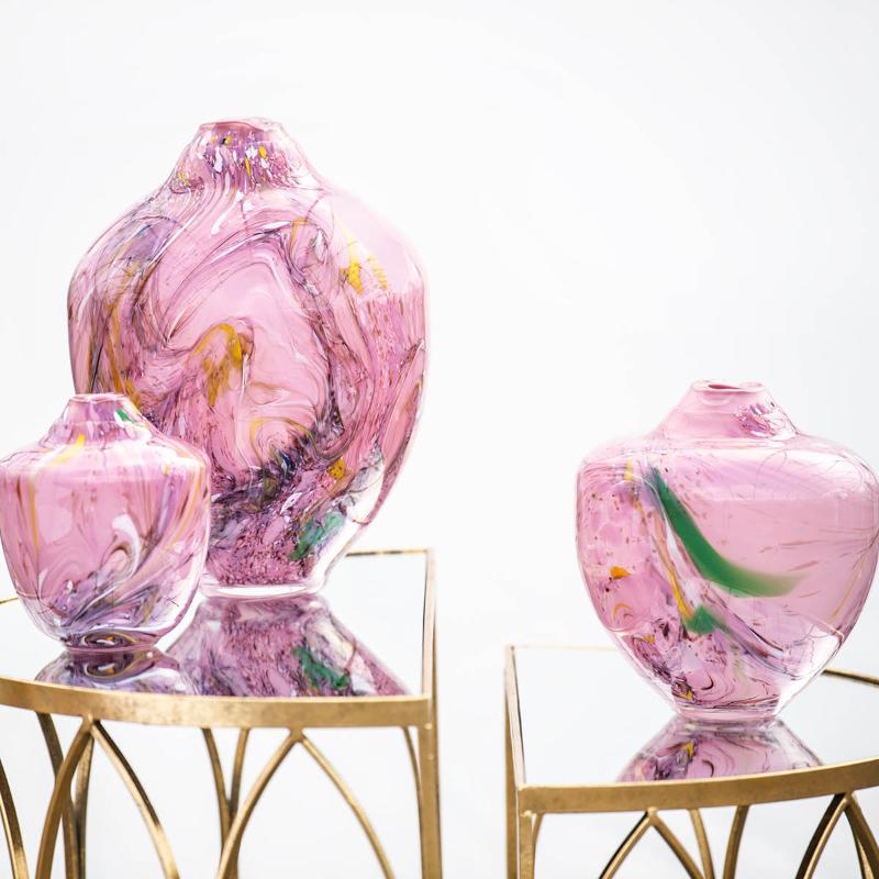 Unik skulptur kunstglass S 17 cm rosa multi
