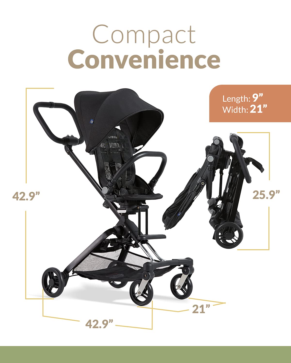 Poussette de voyage légère 3-en-1 Unilove On The Go avec siège réversible pour enfant - Poussette de voyage pour enfants de 1 à 3 ans - Poussette compacte idéale pour les voyages - Pliable, robuste et sûre - Noir minuit