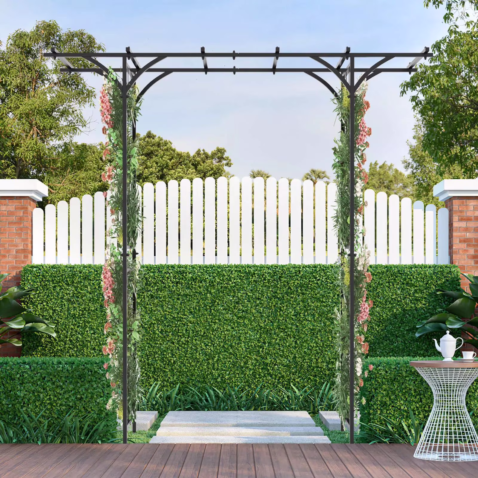 Harmijoy Garden Trellis Pergola, 6.8 FT Outdoor Metal Arbor w/Extended Top, 4 Ground Stakes, Arbour Archway with Trellises