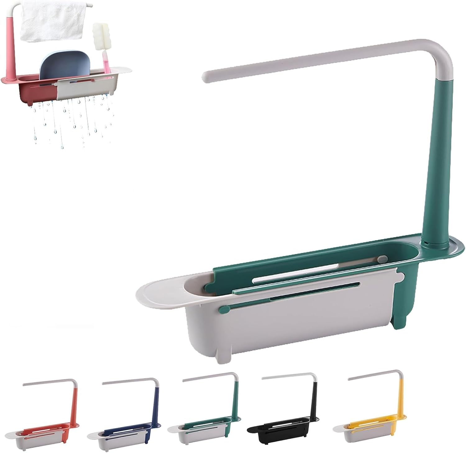 Green Polypropylene Telescopic 2-in-1 Sink Storage Rack, Adjustable Multipurpose Kitchen Sink Accessories