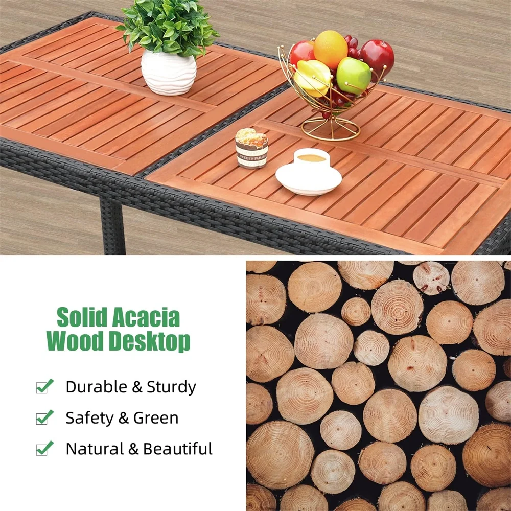 7 Pieces Outdoor Patio Dining Set, Patio Wicker Furniture Dining Set with 6 Chairs and Acacia Wood Top for Yard, Garden, Porch and Poolside, Black - Image 10