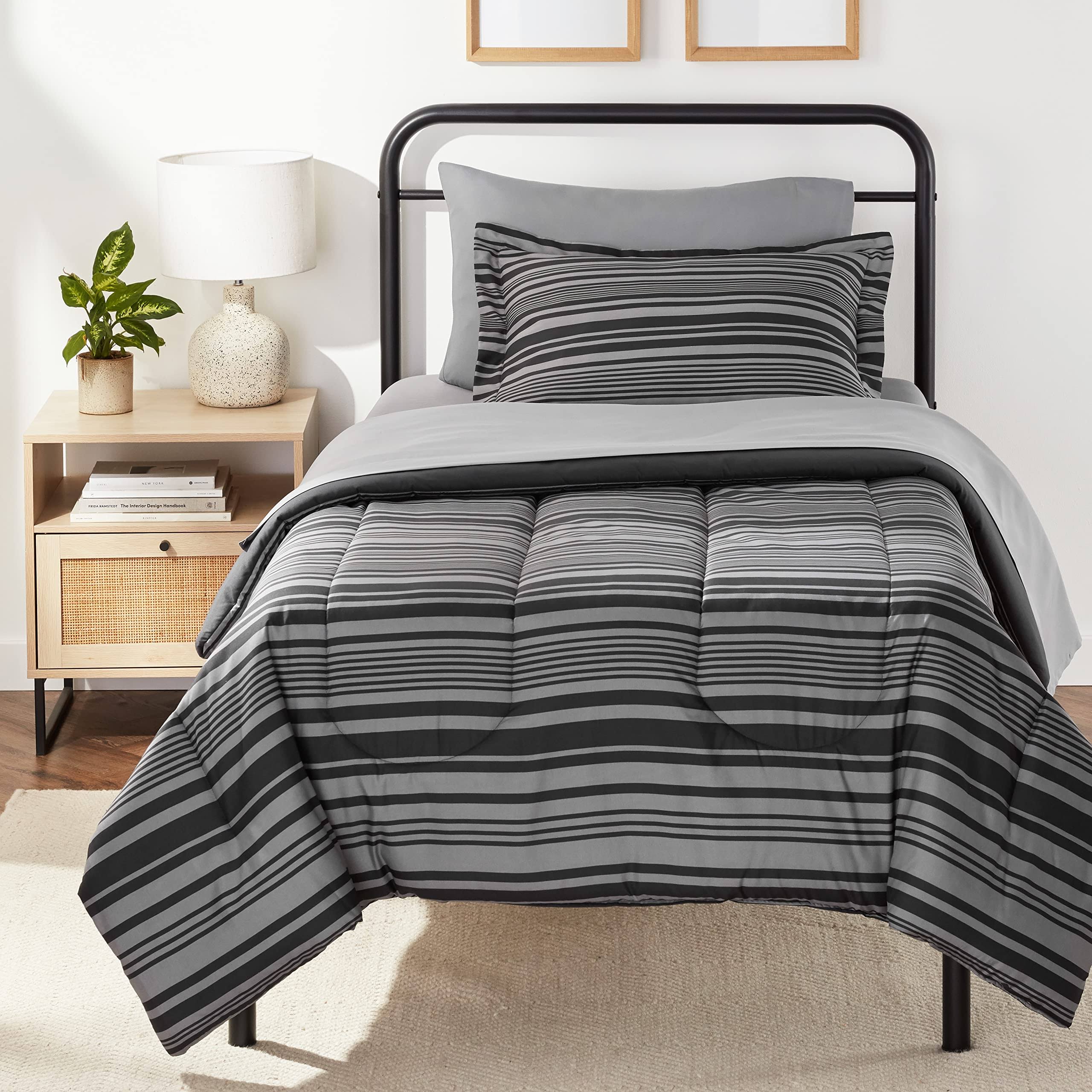 Amazon Basics 1-Pack Bedding Sets Bedding Gray Calvin Stripe : Twin/Twin XL
