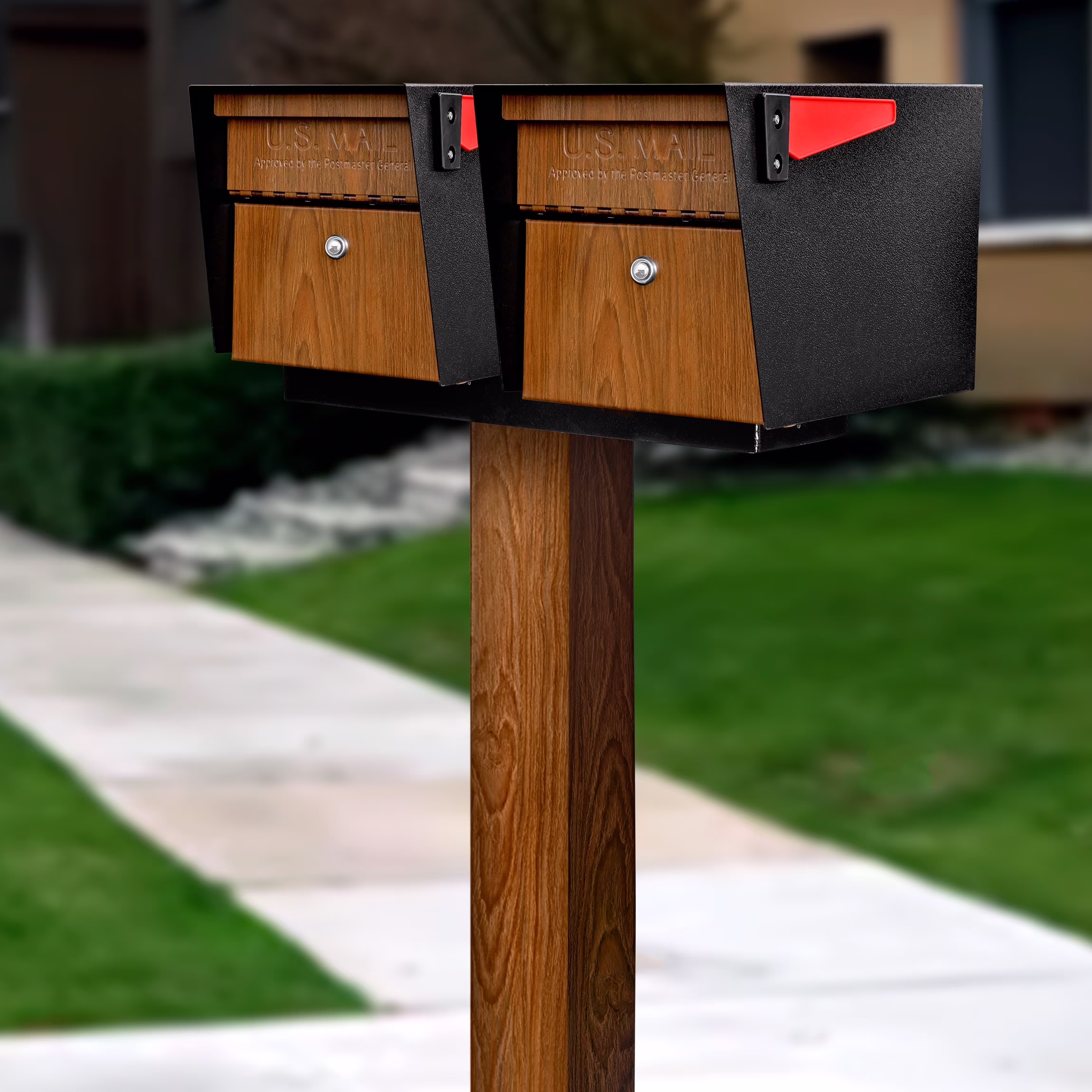 Mail Manager X2 Locking Mailbox Combo Kit w/ In-Ground Post, Wood Grain Black, 2 Way Multi Mount High Security Cluster(2X)