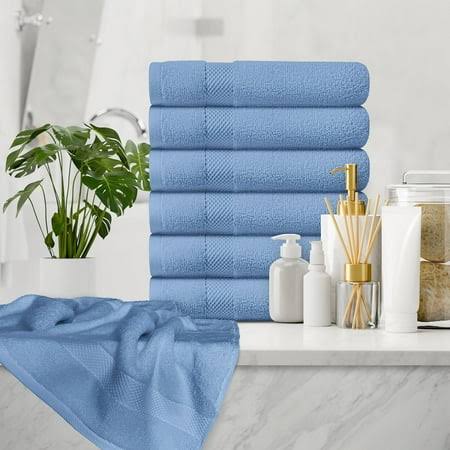 White Classic Luxury Cotton 6 PC Blue Hand Towels Set, Hotel Style Small Bath Towel and Face Towel 16x30, Light Blue Soft Plush Bath Towels Pack of 6,