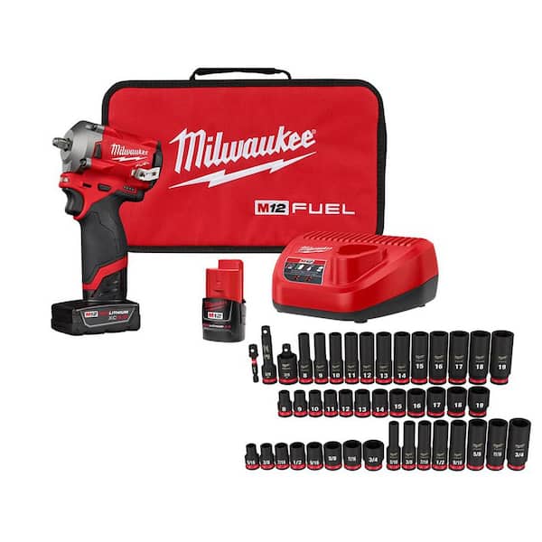 M12 FUEL 12V Brushless Cordless Stubby 3/8 in  Impact Wrench Kit with 3/8 in  Drive SAE/Metric Socket Set (43 Piece)