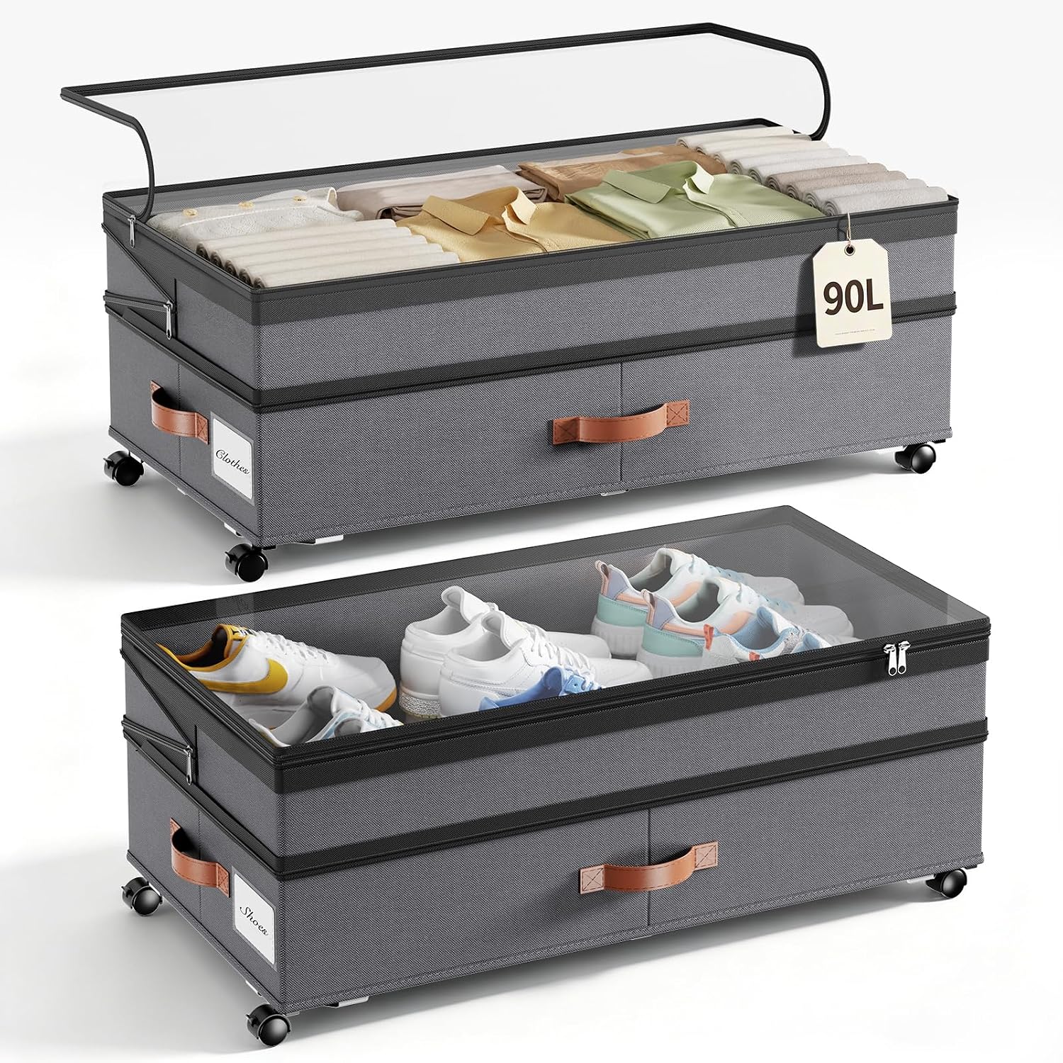 Yecaye 90L Under Bed Storage with Wheels, Height Adjustable, 2 Pack, Grey