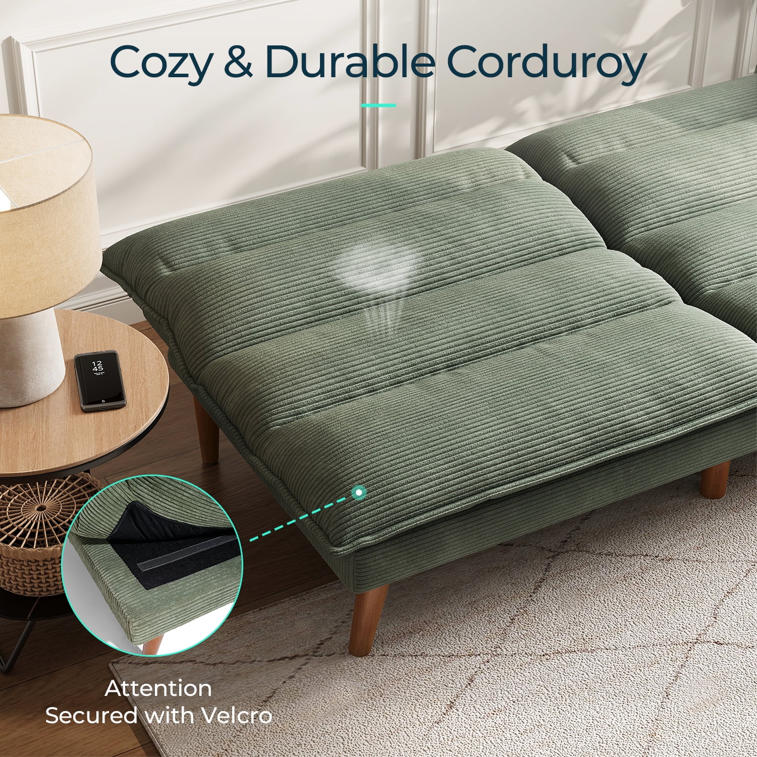 71" W Corduroy Convertible Futon Sofa Bed, Army Green(Army Green) - Image 2