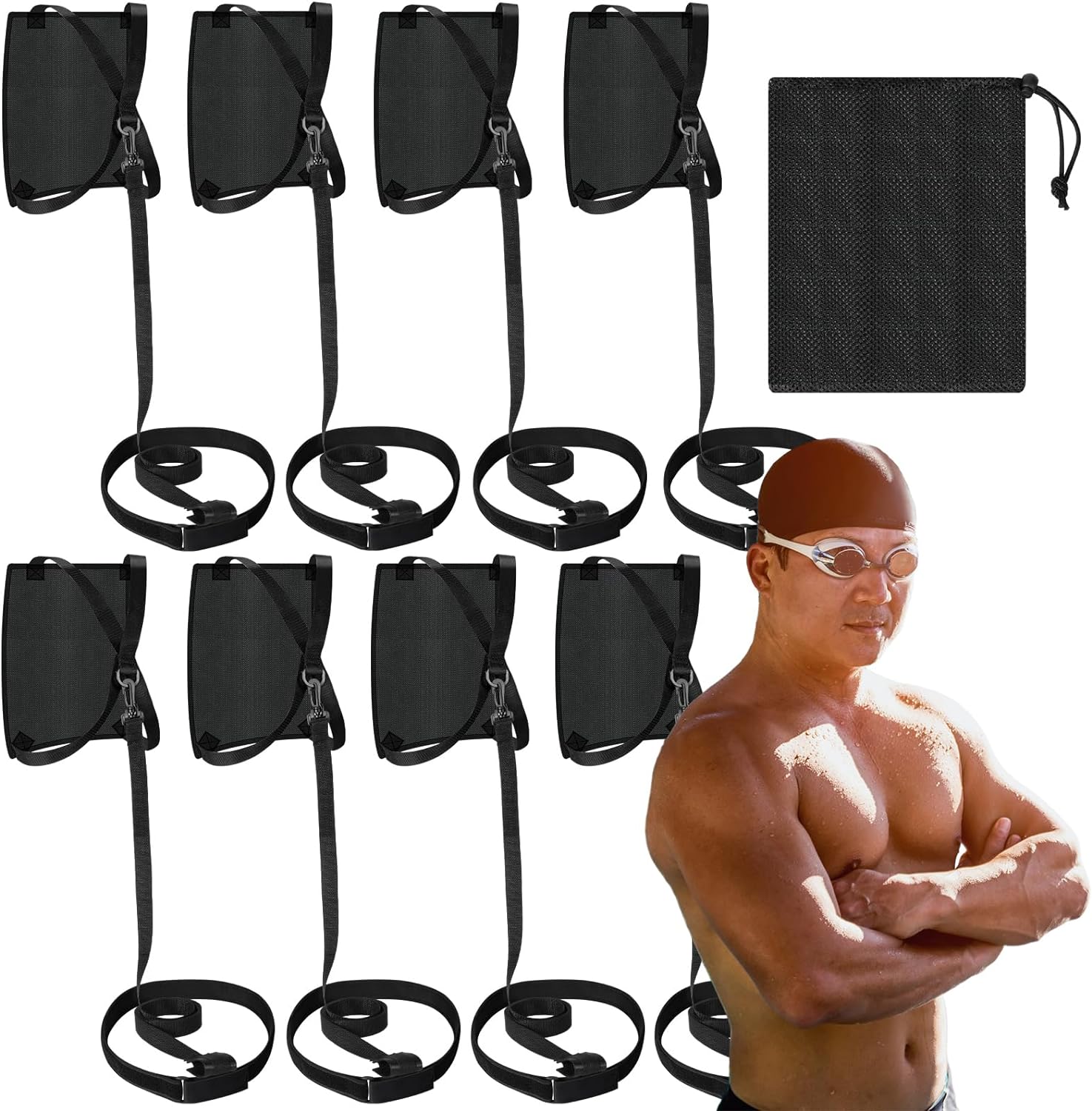 Set of Swim Parachute Swim Resistance Training Equipment Tempo Trainer Swimming Quality Swimming Drag Belt Stationary Swimming Harness for Pool, Black