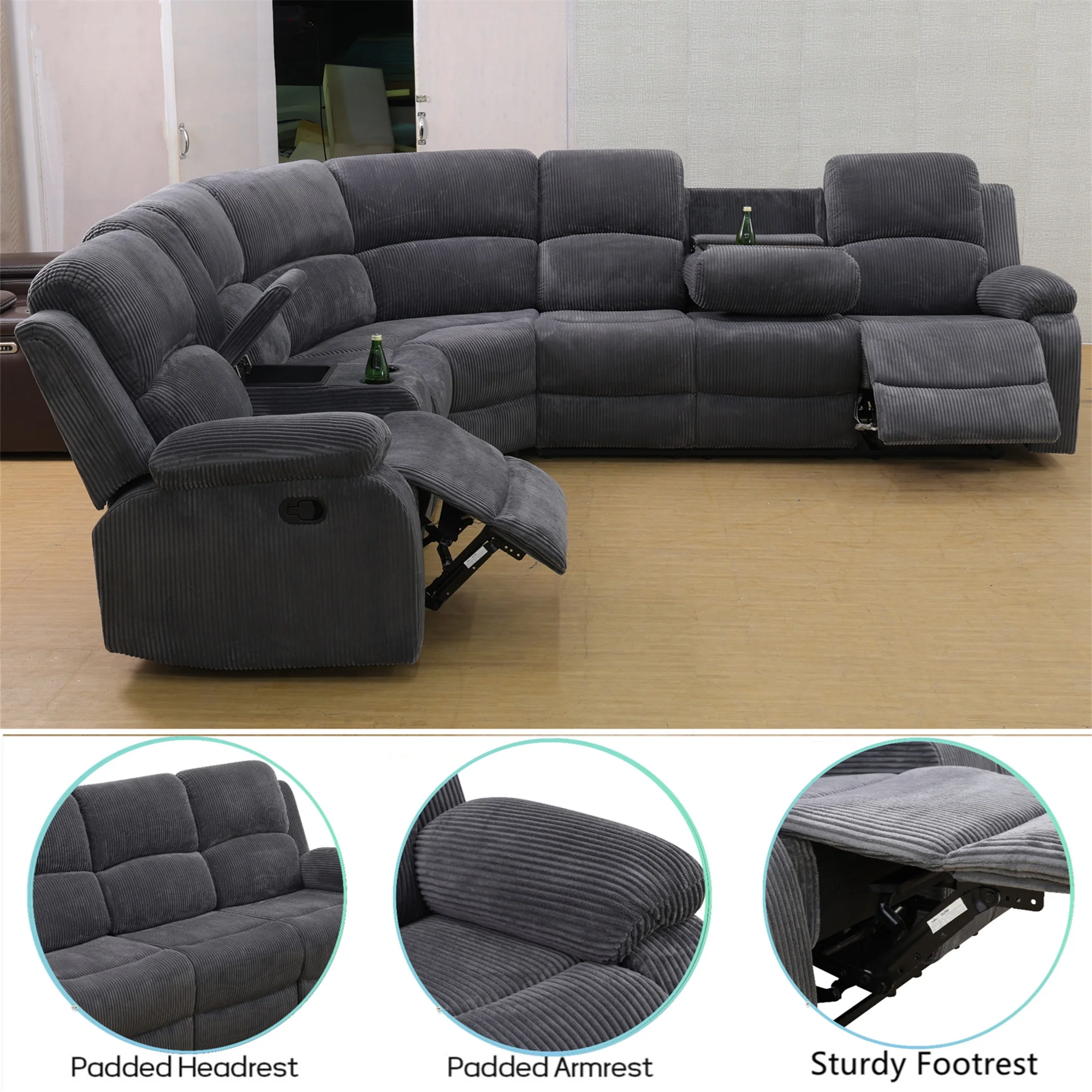 3-Piece Recliner Sofa Set, 6 Seat Sectional Couch with Cup HoldersStorage Console, Gray(Gray|Corduroy) - Image 6