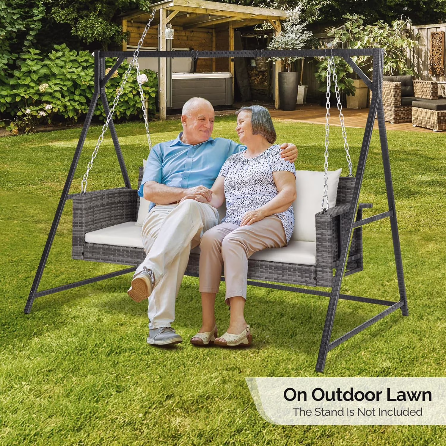Zimtown Outdoor 5ft Wicker Hanging Porch Swing with Cushions & Chains,  800 lbs Rattan Swing Bench for Garden, Yard, Lawn (Grey+White)