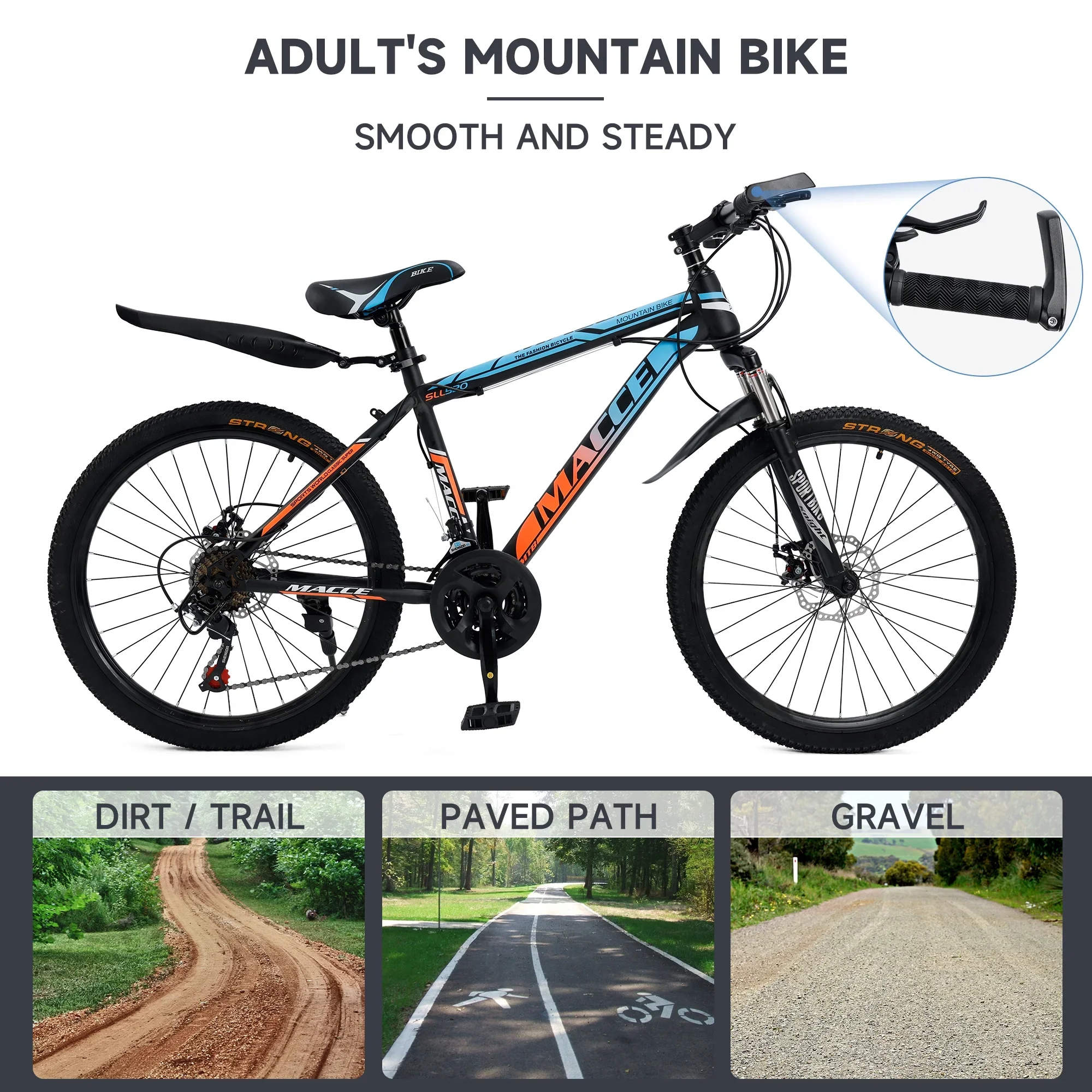 ARTUDATECH 24 26 27.5 Inch Mountain Bike, 24 Speeds with V/Disc Brakes High-Carbon Steel Frame Mens Womens Mountain Bike, Front Suspension MTB Bicycle for Adult & Teenagers