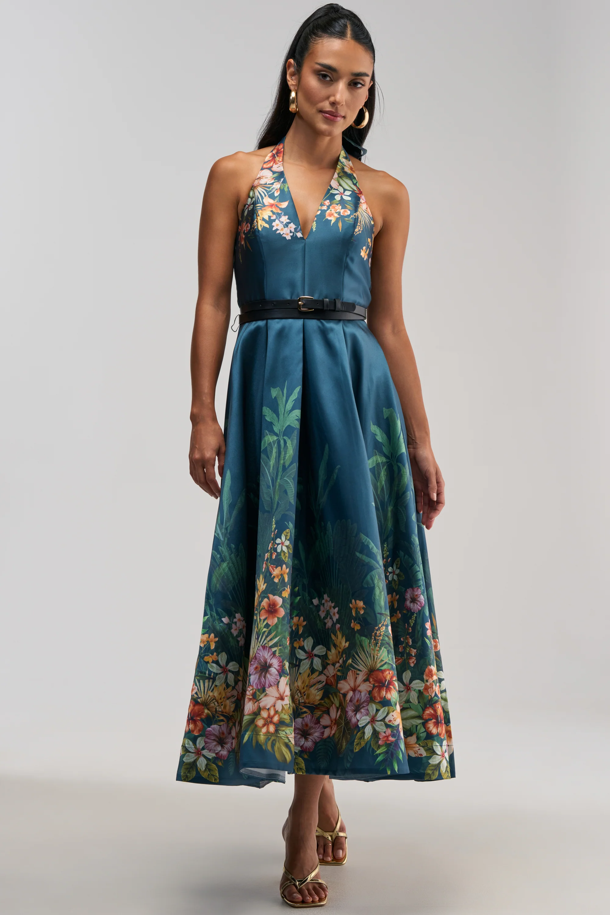 BOOKED AND BUSY FLORAL MIDI DRESS IN BLUE MULTI - Akira Store