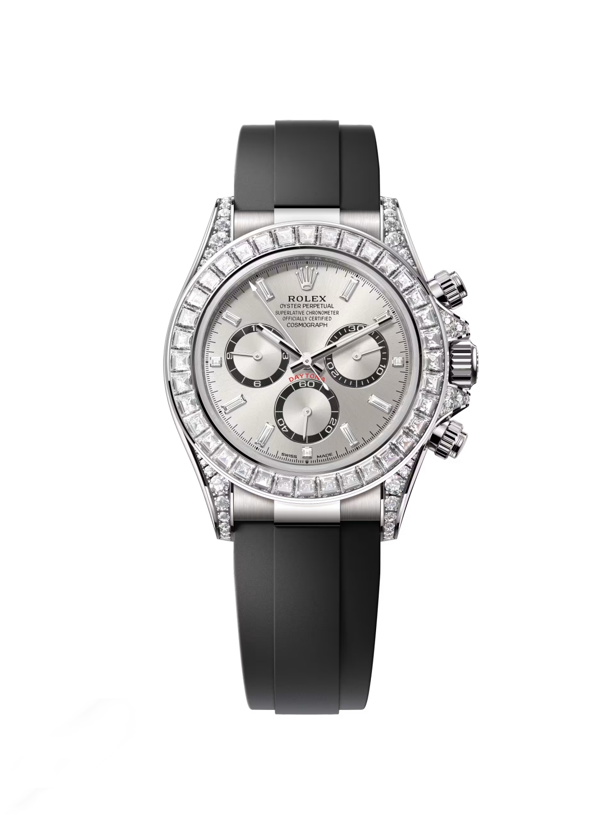 [Super Clone]Rolex Cosmograph Daytona 40mm White Gold Diamond Baguette Silver Dial Diamond Bezel Oysterflex - 126539TBR