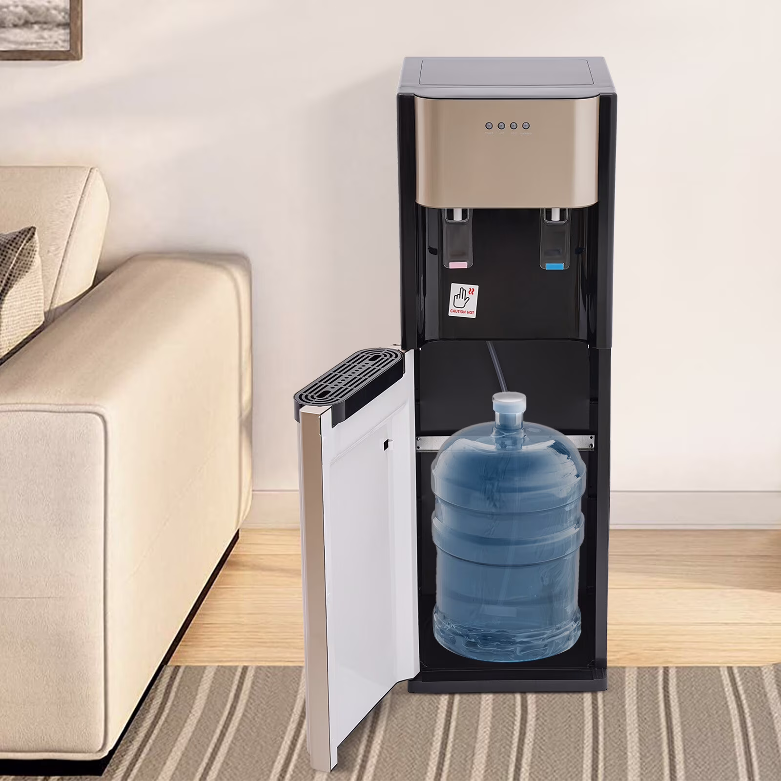 5 Gallon Bottom Loading Water Dispenser with Hot & Cold Water, 620W, Floor Standing, Easy Bottle Change, Safety Protected �?gold, for Home & Office