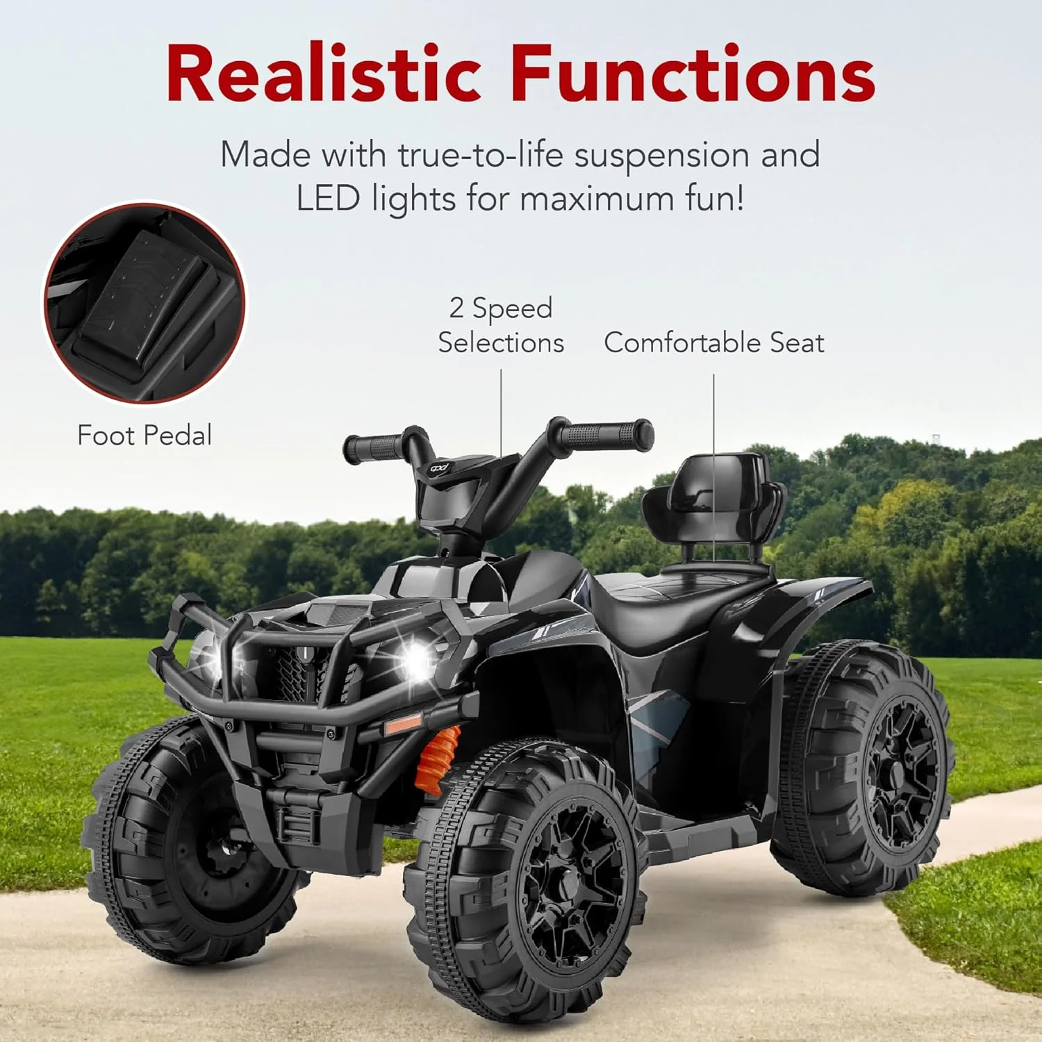 Quad électrique 12 V pour enfants Best Choice Products, véhicule tout-terrain à 4 roues avec audio Bluetooth, vitesse maximale de 3,9 km/h, pneus à crampons, phares LED et radio.