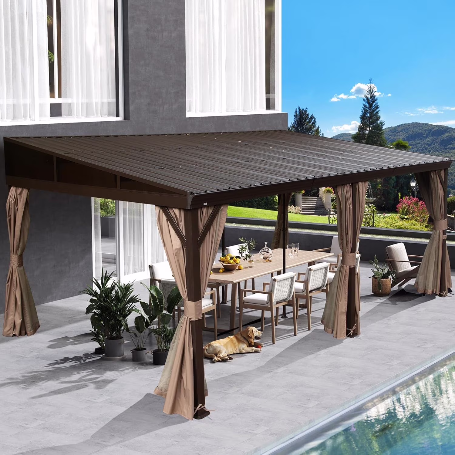 Domi Outdoor Living 10' x 12' Hardtop Lean-to Gazebo, Wall-Mounted with Galvanized Steel Roof Wall Pergola with Aluminum Frame, Curtains and Netting, for Patio, Deck, Garden, Backyard