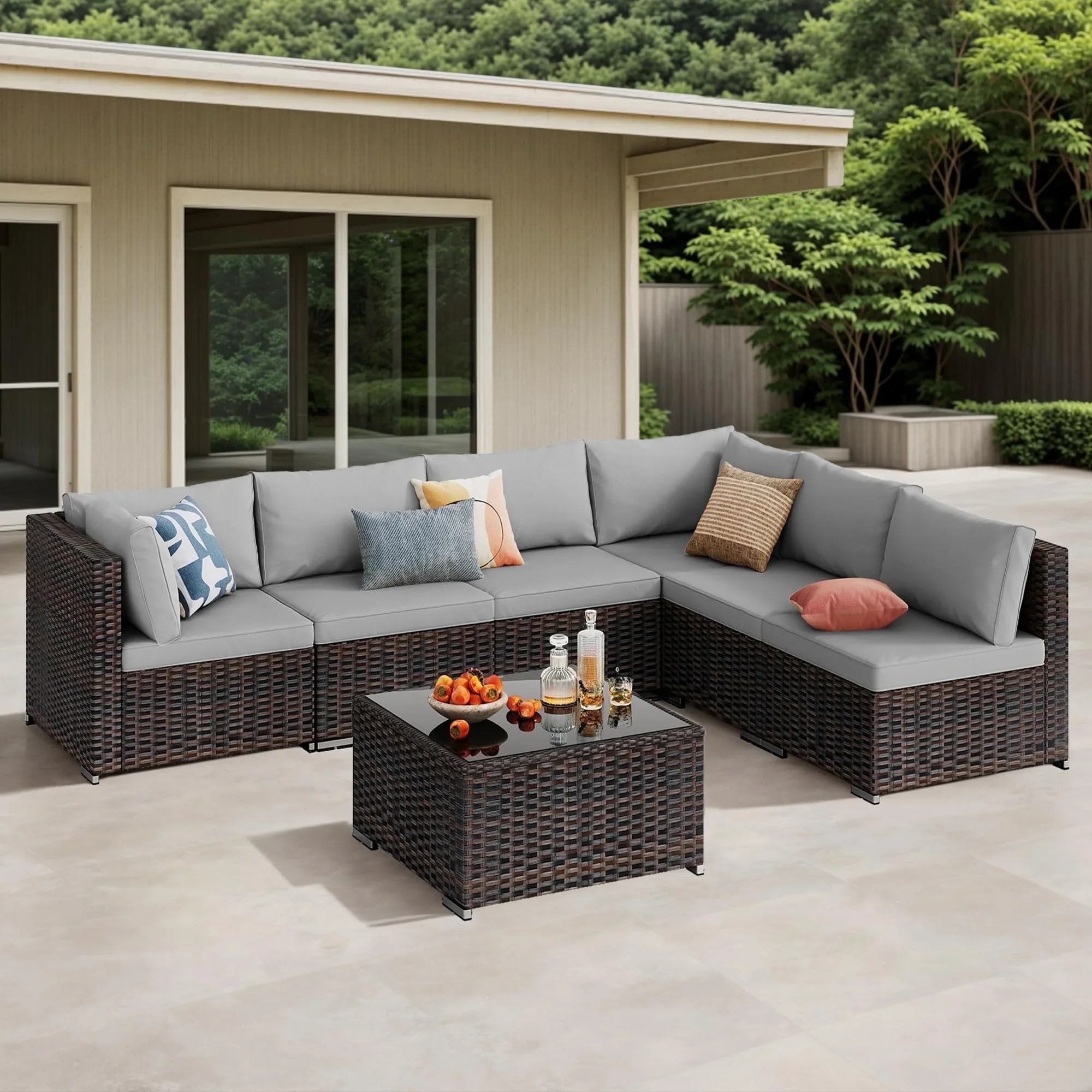 Patio Furniture Set on Sale, 7-Piece Wicker Sectional Outdoor Sofa Set with Glass Table & Water-Resistant Cushions, All-Weather PE Rattan for Backyard, Poolside, Garden (Gray)