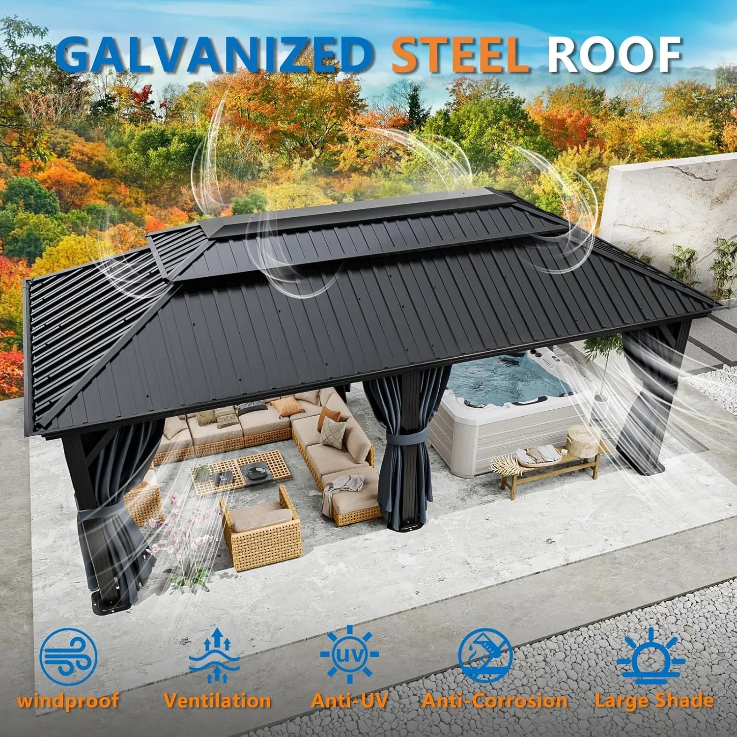 COBIZI 10x12 Hardtop Gazebo Aluminum Gazebos with Galvanized Steel Double Roof Metal Gazebo with Curtains and Netting Permanent Steel Gazebo for Backyard, Garden and Patio, Brown