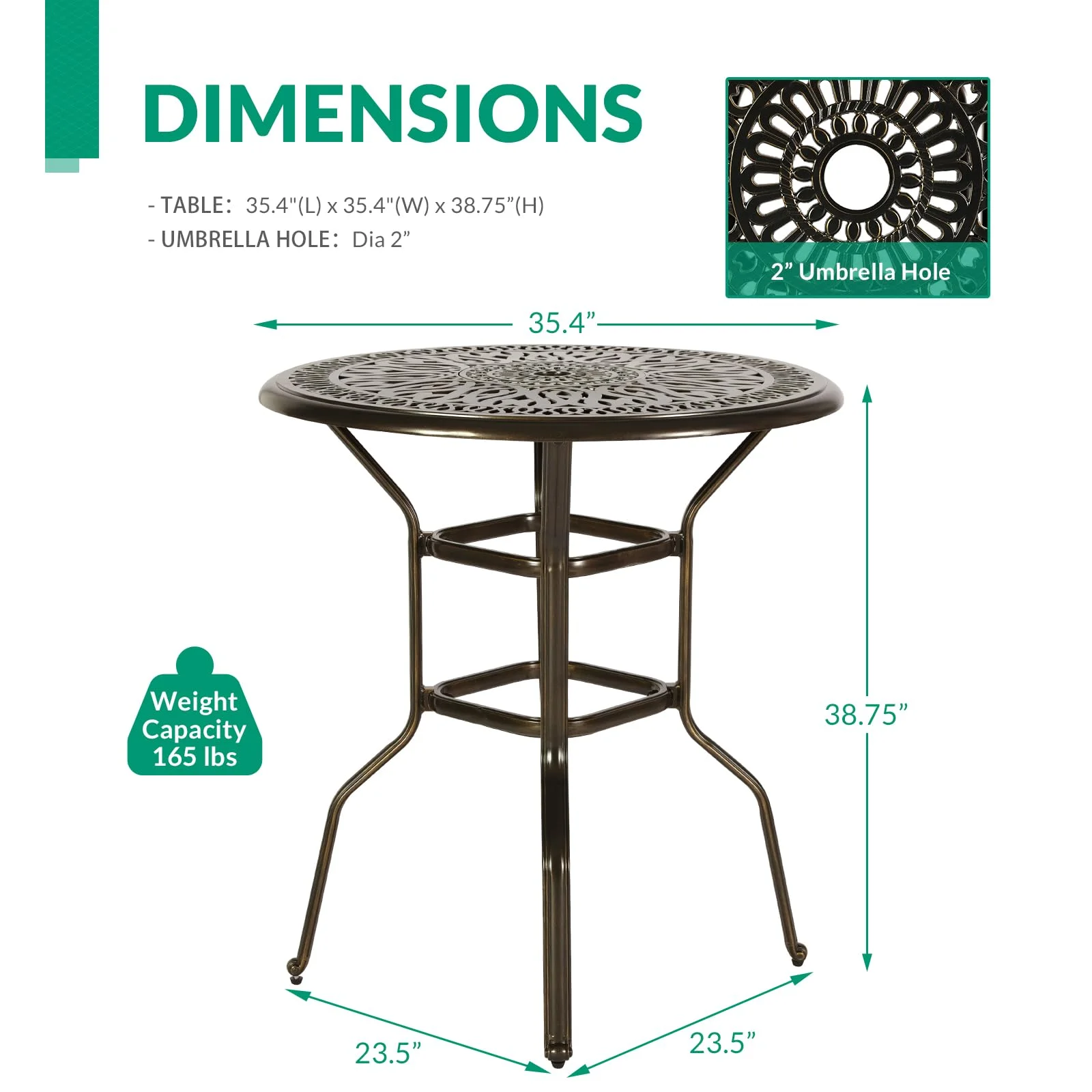 35.2" Patio Height Bar Table, All-Weather Cast Aluminum Bar Bistro Table Outdoor Patio Round Dining Table with Umbrella Hole for Balcony, Lawn, Garden, Backyard, Antique Bronze(35.2" Patio Height Bar Table) - Image 6
