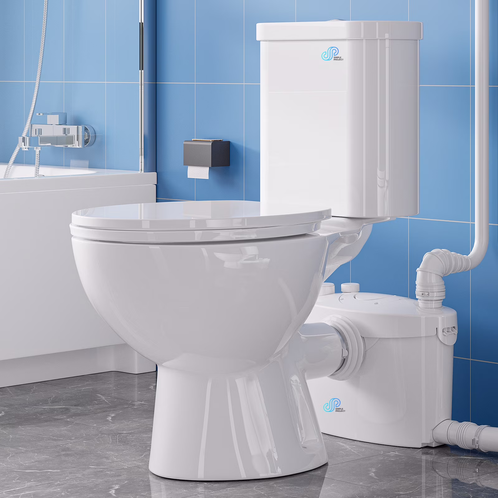 750W Macerating Toilet System Dual Flush, Upflush Toilet for Basement with 4 Water Inlet Attics, Incinerator Composting Toilets with Macerator Pump, Quiet Operation, Space Saving