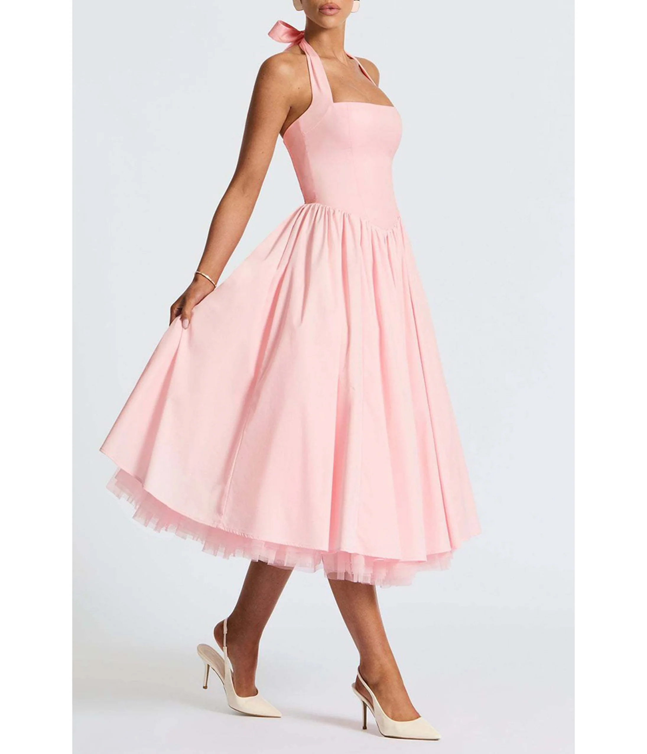 Light Pink Halter Flare Midi Dress