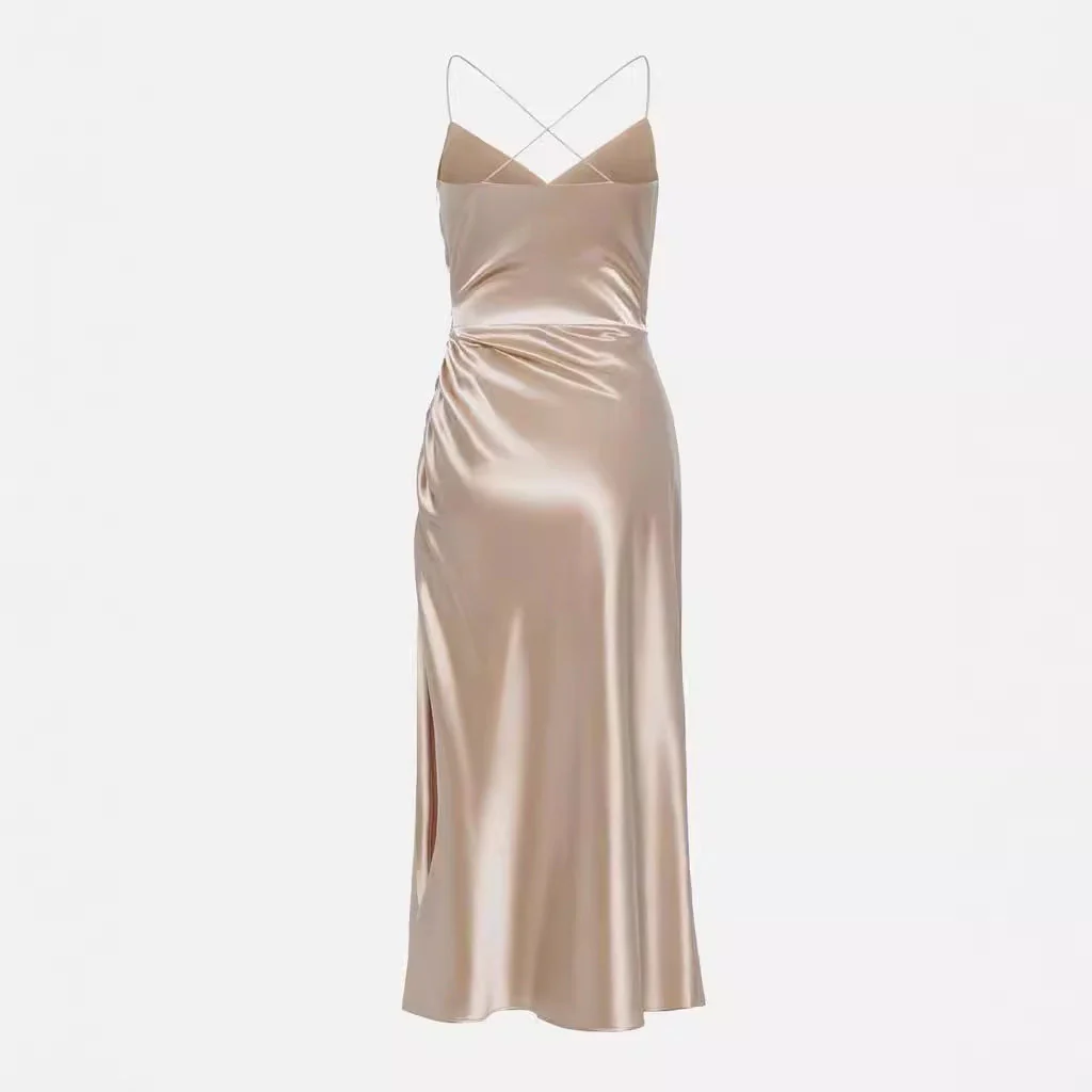 Robe Cocktail Luxueuse en Satin pour Femme avec Fente Latérale Drapée