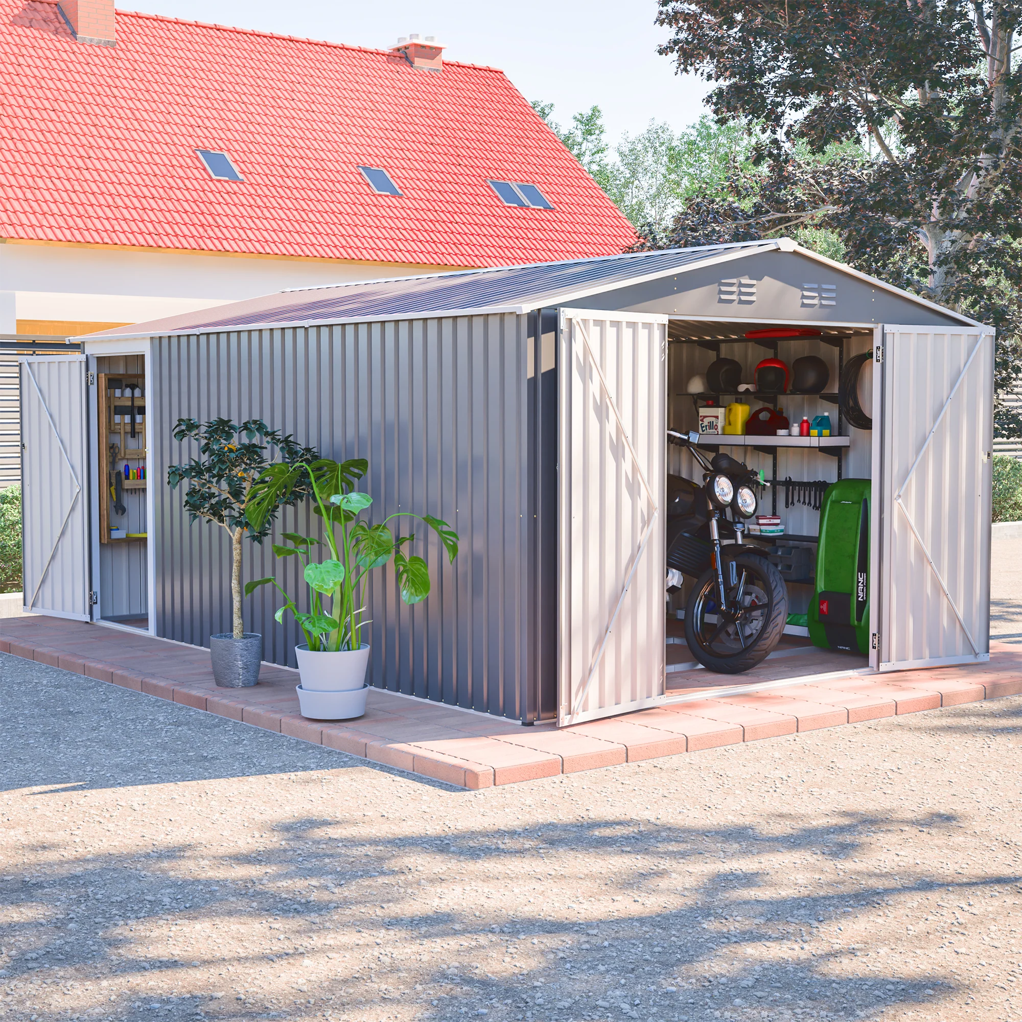 AECOJOY 10x14 FT Outdoor Metal Storage Shed, Large Garden Shed Tool Shed with 3 Lockable Doors & Side Door