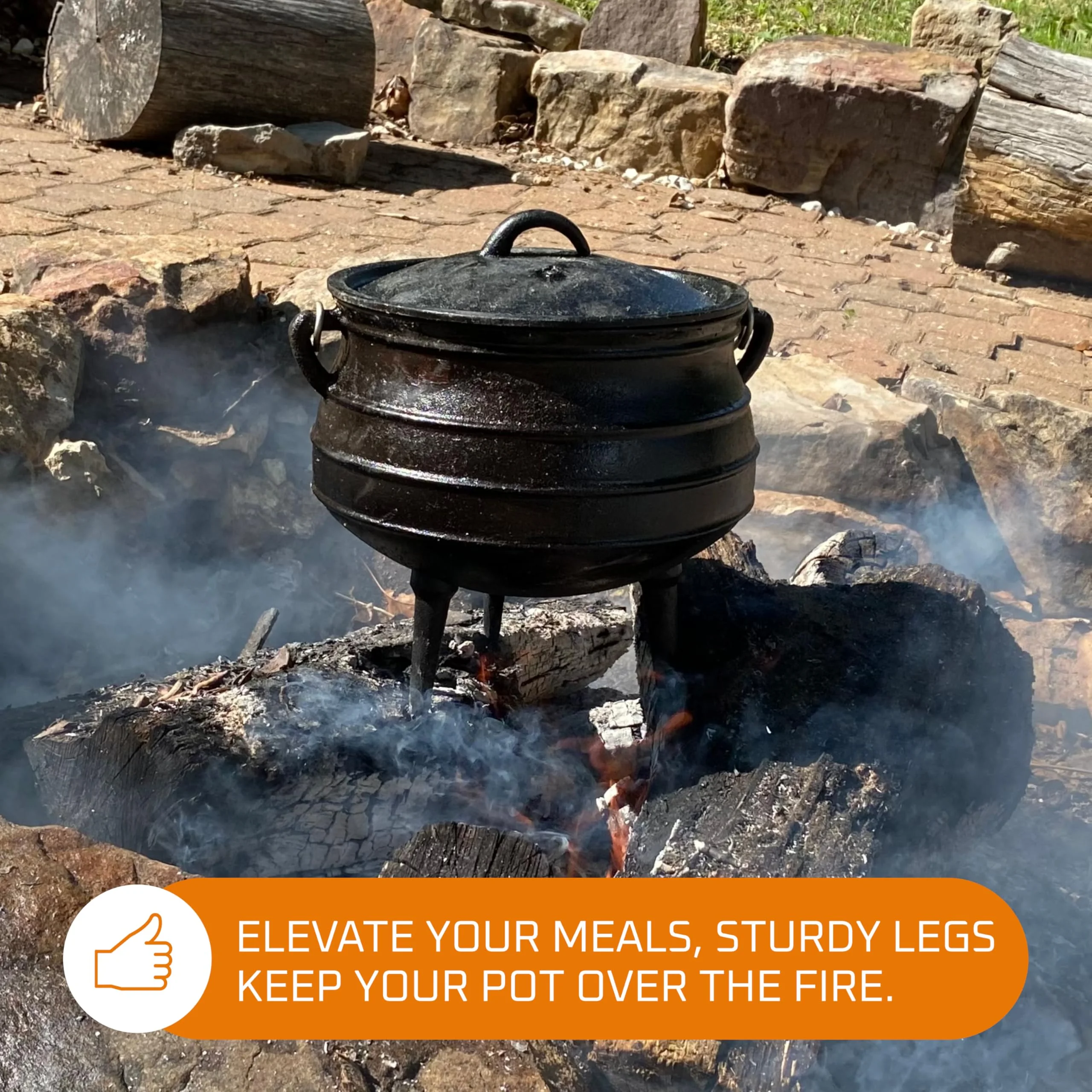 8-Quart Pre-Seasoned Cast Iron Cauldron African Potjie Pot with Lid 3-Legged Pot for Even Heat Distribution Outdoor Cast Iron Dutch Oven Cookware for Campfire Cooking and Boiling - Image 4
