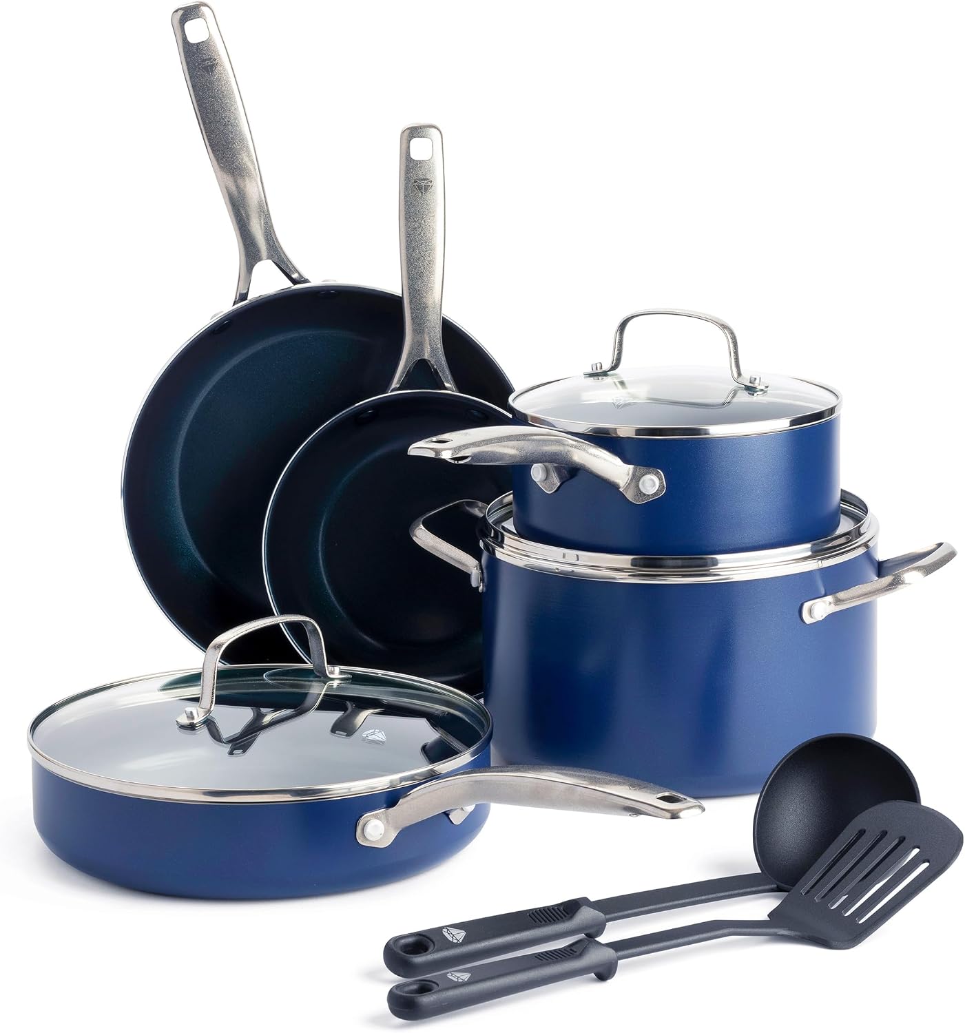 Blue Diamond 14 Piece Cookware Set, Diamond Infused PFAS & PFOA-Free Ceramic Nonstick Pots and Pans, Durable, Non-Toxic, Metal Utensil Safe & Scratch Resistant, Dishwasher & Oven Safe, Blue