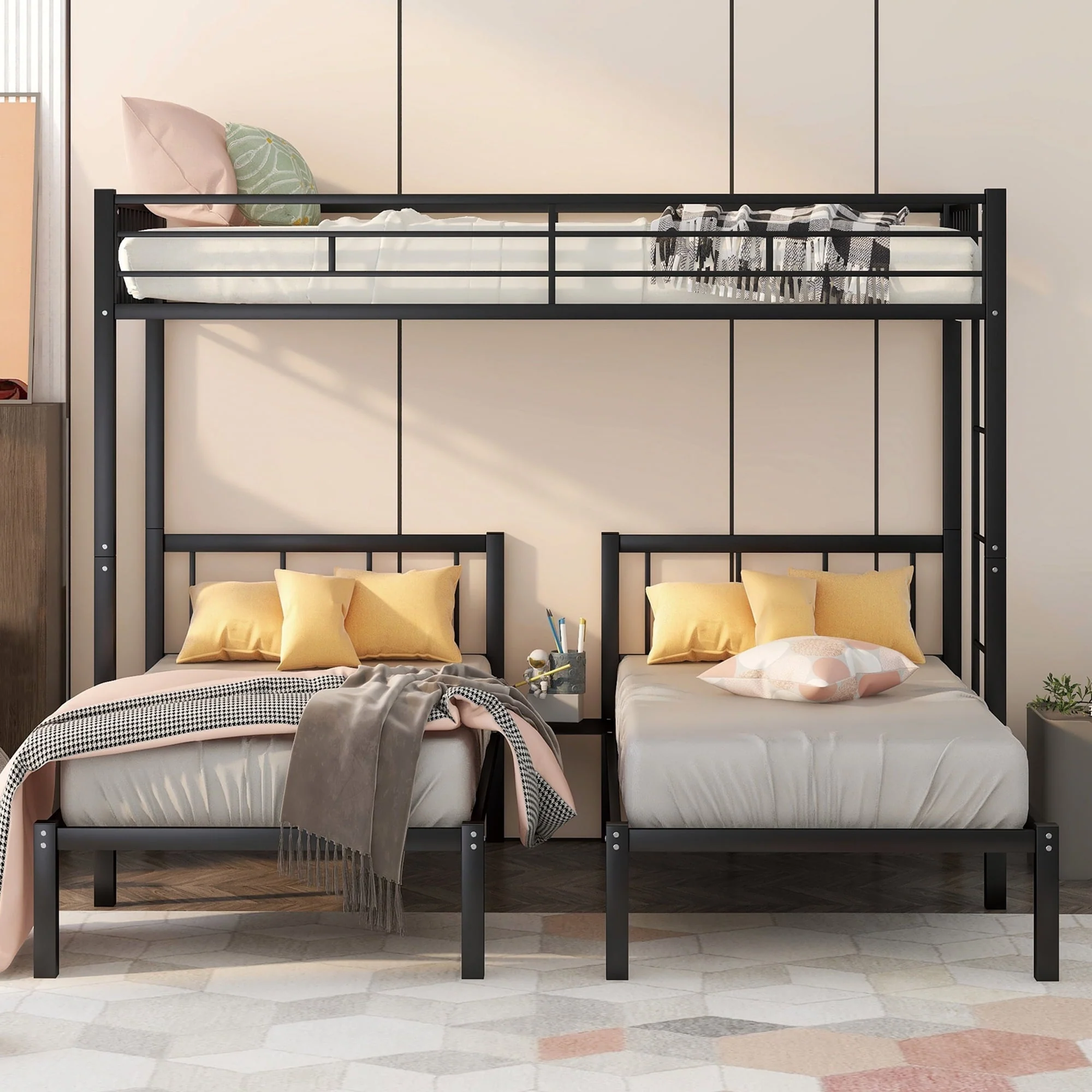 Triple Metal Bunk Bed Twin over Twin with Ladder for Kids, Boys Girls, Convertible Bunk Set, Black