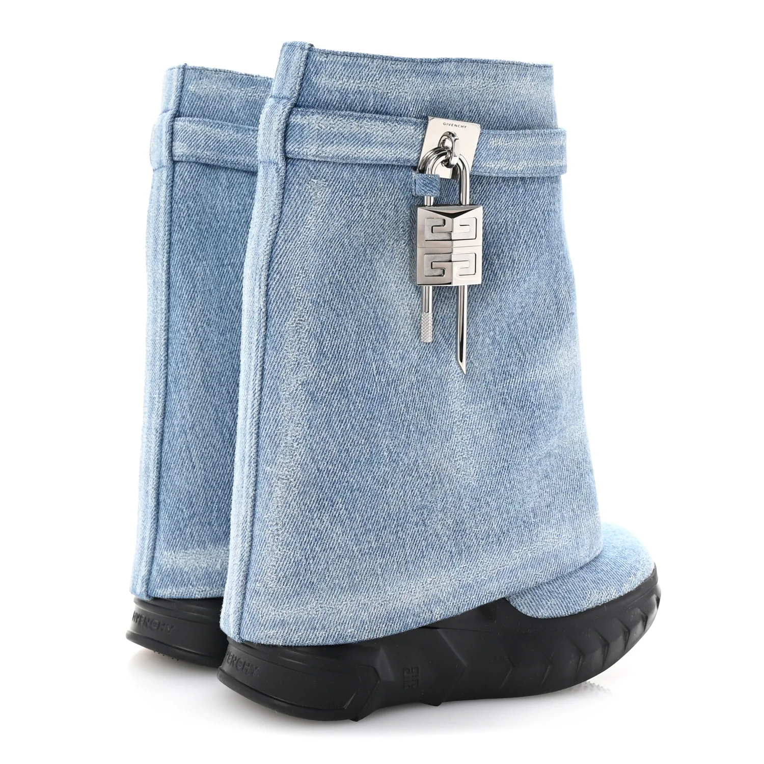 Washed Denim Shark Lock Biker Ankle Boots 35 Blue