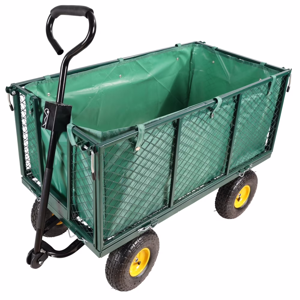 Gzxs Heavy Duty 880 lb Capacity Mesh Steel Garden Cart, Folding Utility Wagon with Removable Sides, Cart Liner, Storage Basket and 10
