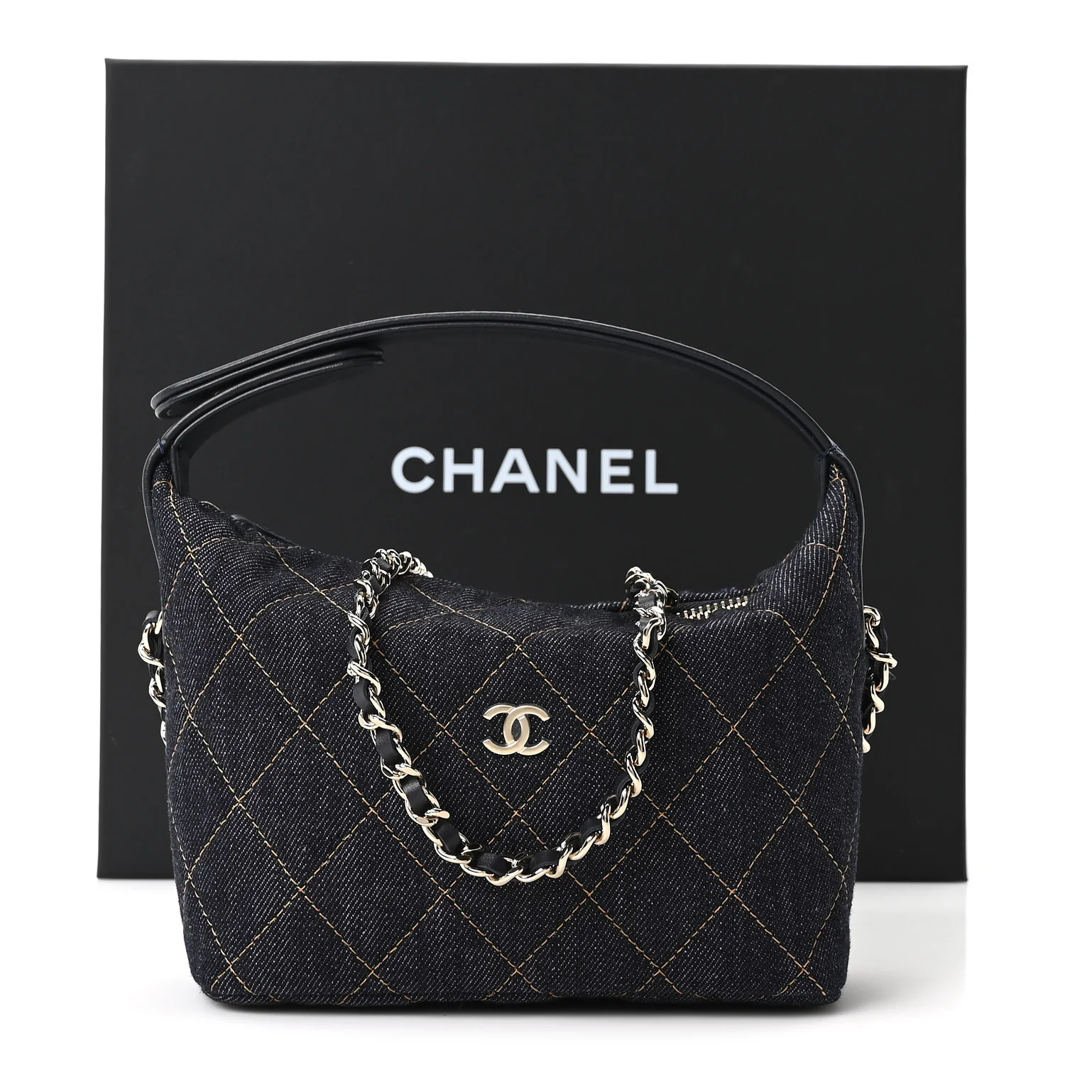 Denim Quilted Hobo Clutch With Chain Dark Blue Orange