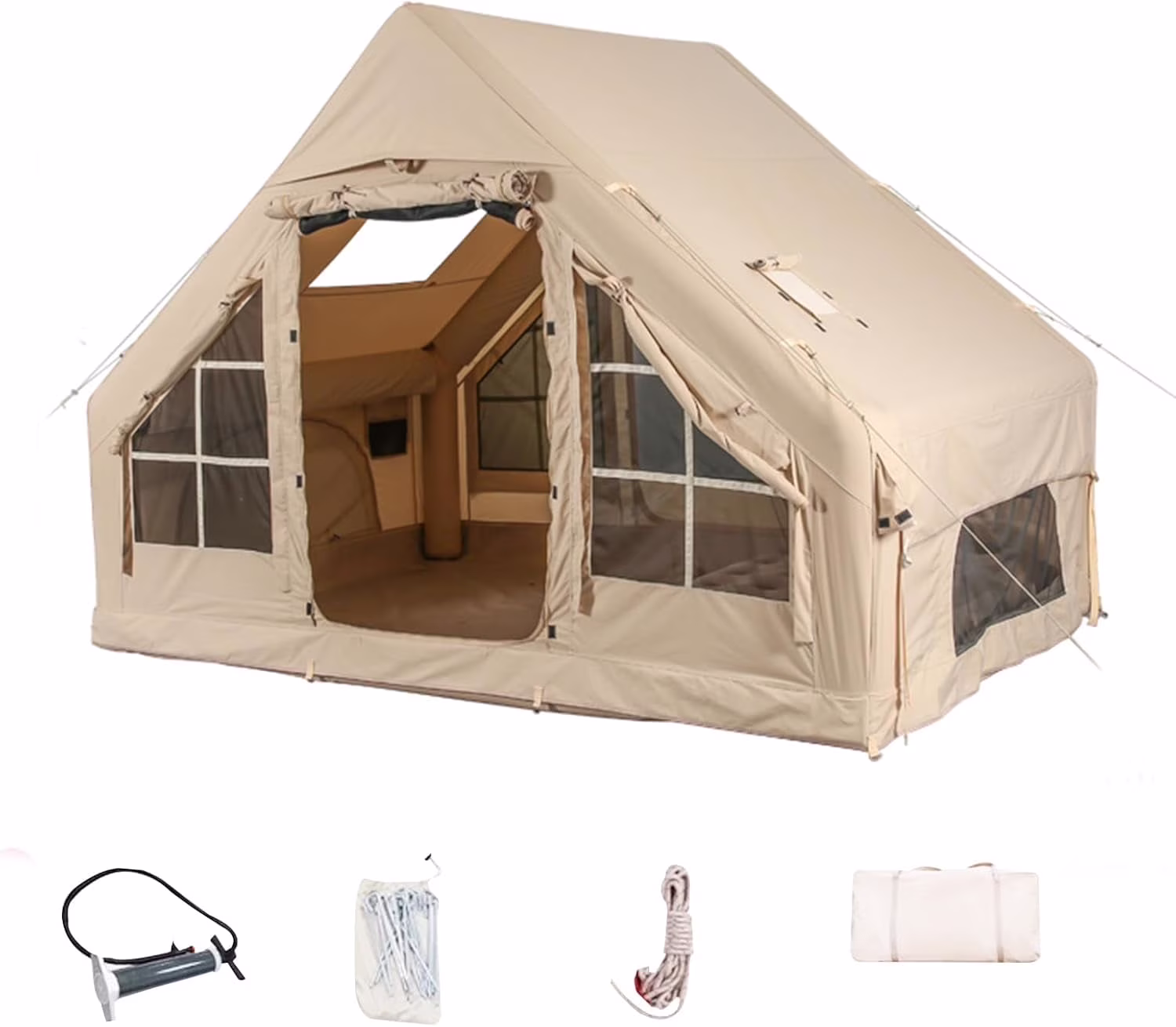 Inflatable Camping Tents with Hand Pump, Air Glamping Tents, Easy Setupwaterproofand Windproof Blow up Tent, 4 Seasons Oxford Cabin Tent with Esh &Chimneywindow